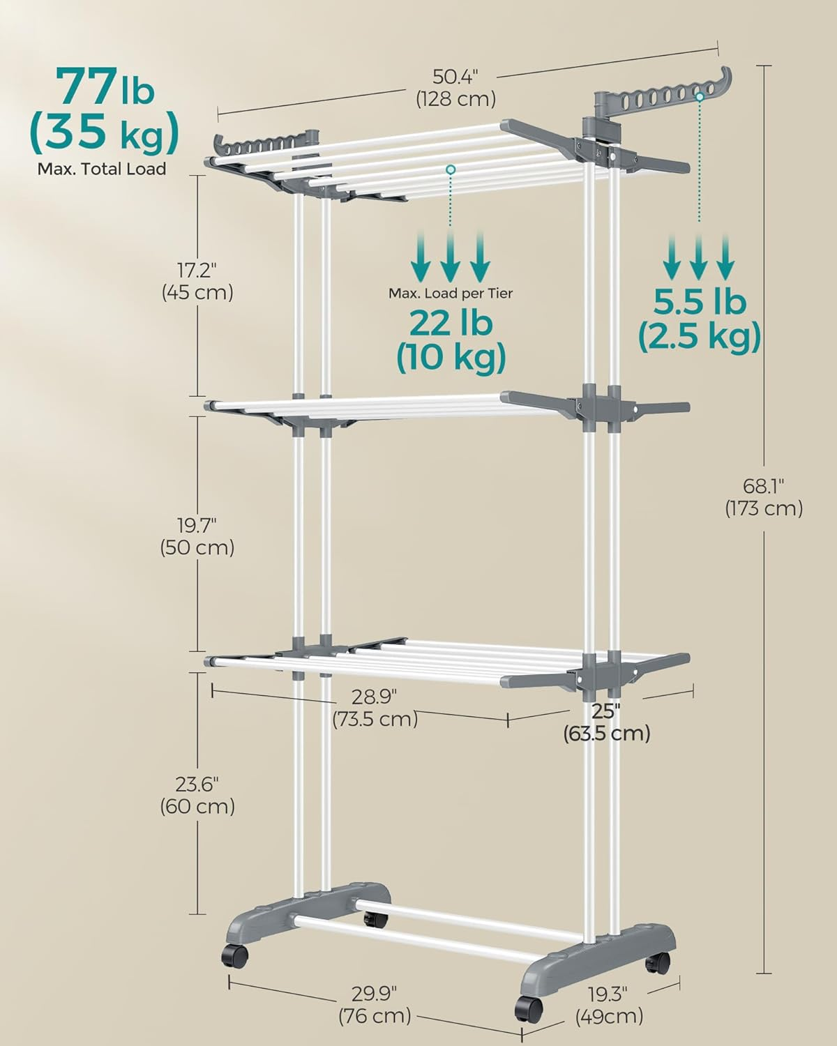 SONGMICS Clothes Drying Rack Stand 4-Tier, Foldable Laundry Drying Rack 67.7-Inch Tall, Stainless Steel, Rolling Clothes Horses Dryer Rack, Easy to Assemble, Indoor Outdoor Use, White ULLR701W01 image number 4