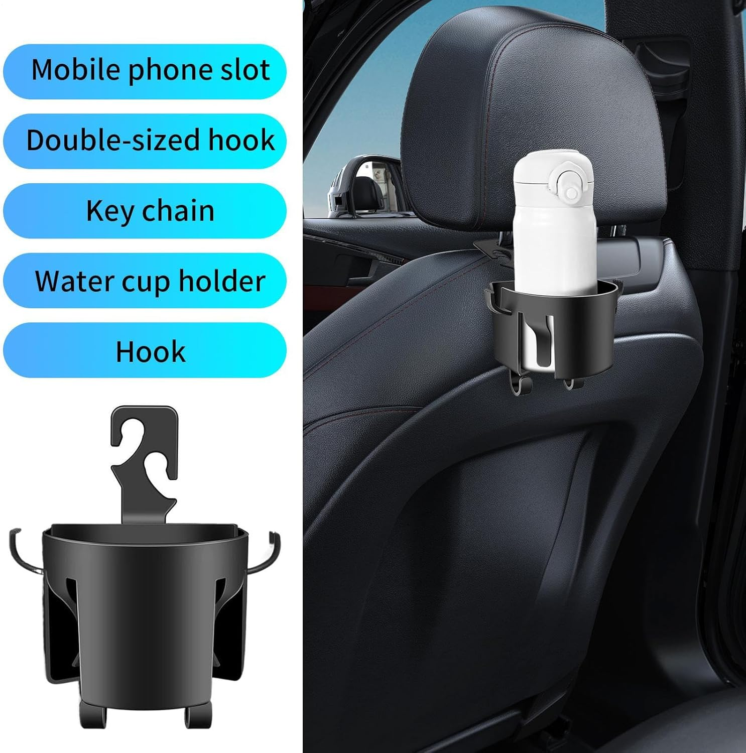 Evnbhgyu Backseat Cup Holder for Car - Car Seat Hooks for Headrest - Multifunctional Organizer Accessories for Interior Beverage Bottle Cell Phones Keys Storage Travel image number 1