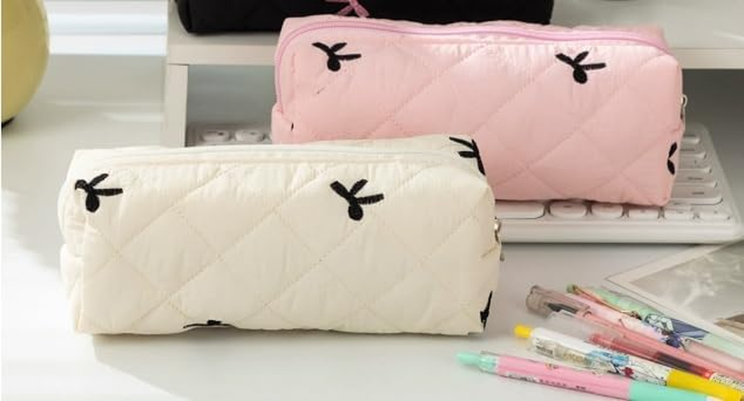 Cute Bow Design Cosmetic and Pencil Pouch - Zippered Travel Toiletry Bag for Women and Girls, Compact Makeup Organizer for Purse, School, or Daily Use. image number 2