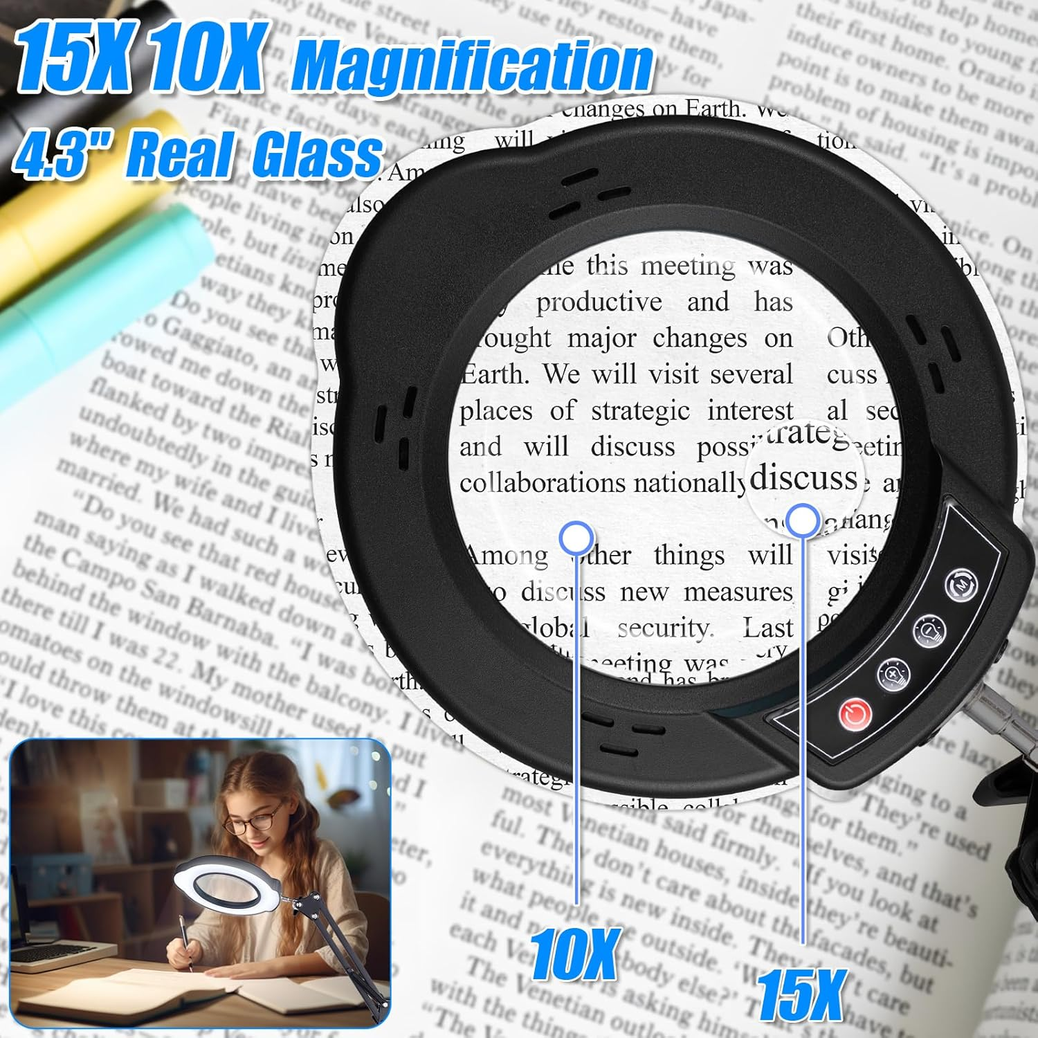 15X 10X Magnifying Glass with Light and Stand, 2 in 1 Magnifying Desk Lamp with Clamp & Base, 5 Color Modes Dimmable with Swing Arm, LED Lighted Magnifier Light for Reading, Repair, Craft, Close Work image number 4
