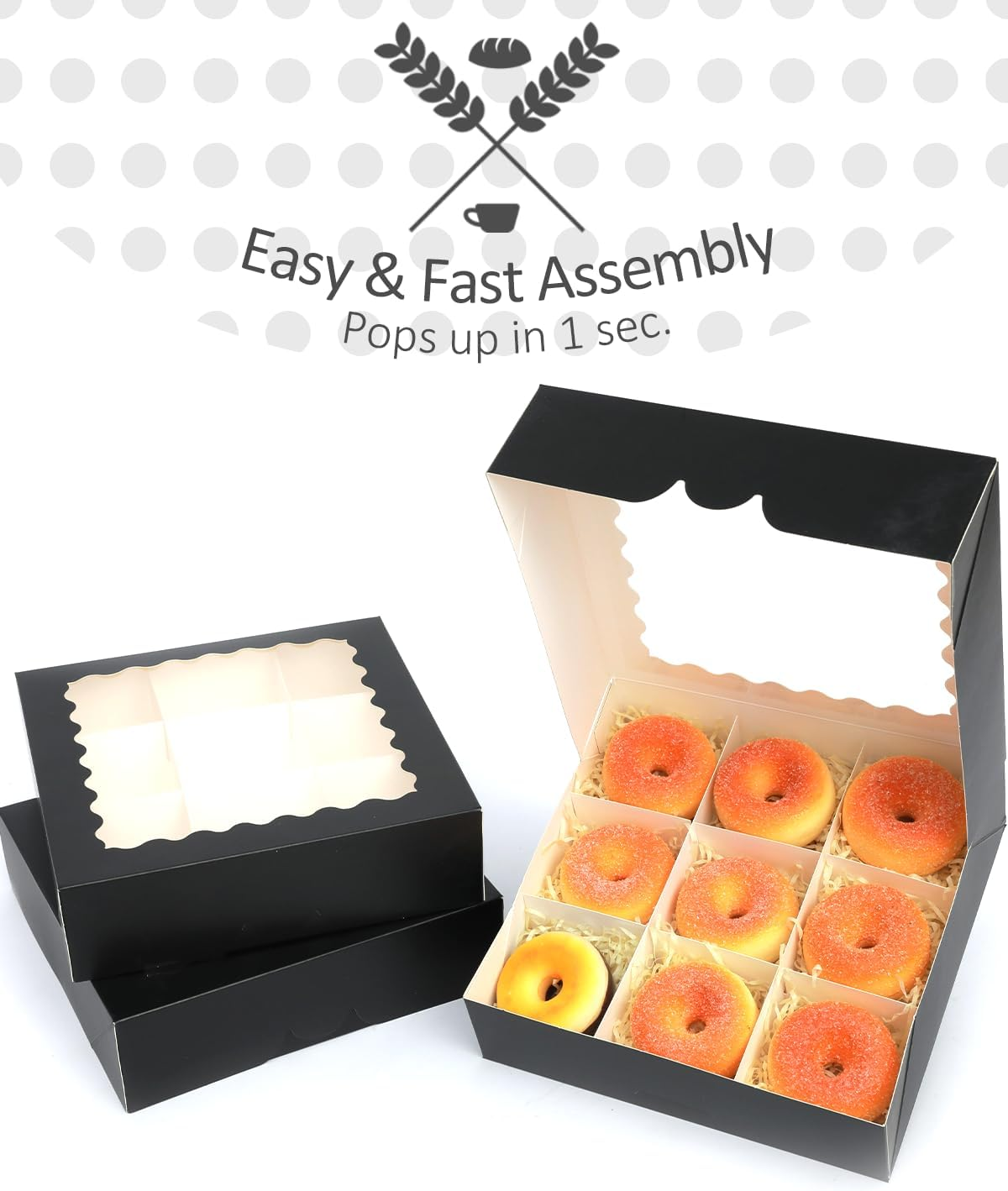 Qiqee Black 12Pcs Bakery Box with Window 20.32X20.32X6.35Cm Donut Pie Boxes Pastry Box(8X8X2.5 Inch,Auto-Pop Up) image number 4