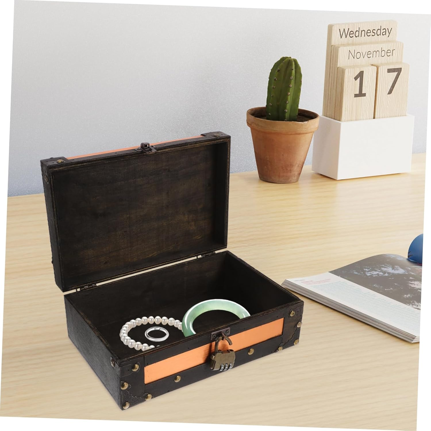 Retro Storage Box Wooden Treasure Chest Decorative Box for Cards Home Office Keepsake Trunk image number 4