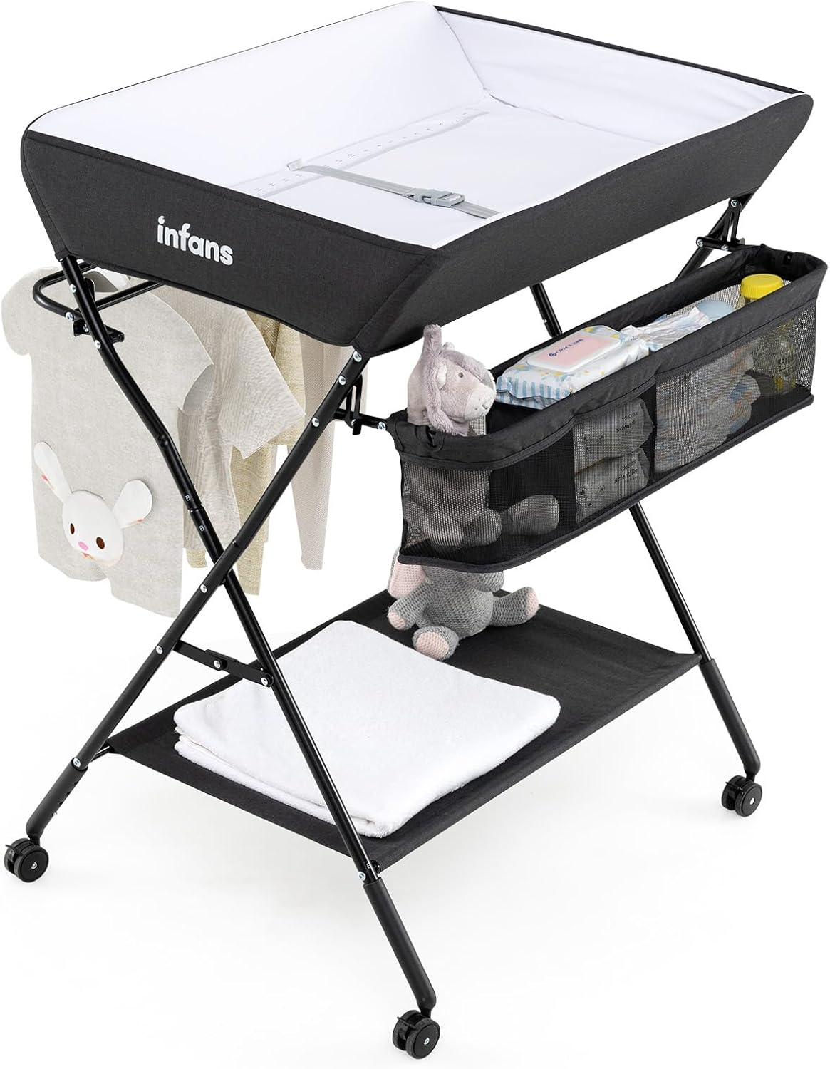 INFANS Baby Changing Table with Wheels, Portable Folding Diaper Station Nursery Organizer with Storage Basket, Hanging Rack, Adjustable Height, Safety Belt for Newborn Infant (Black)