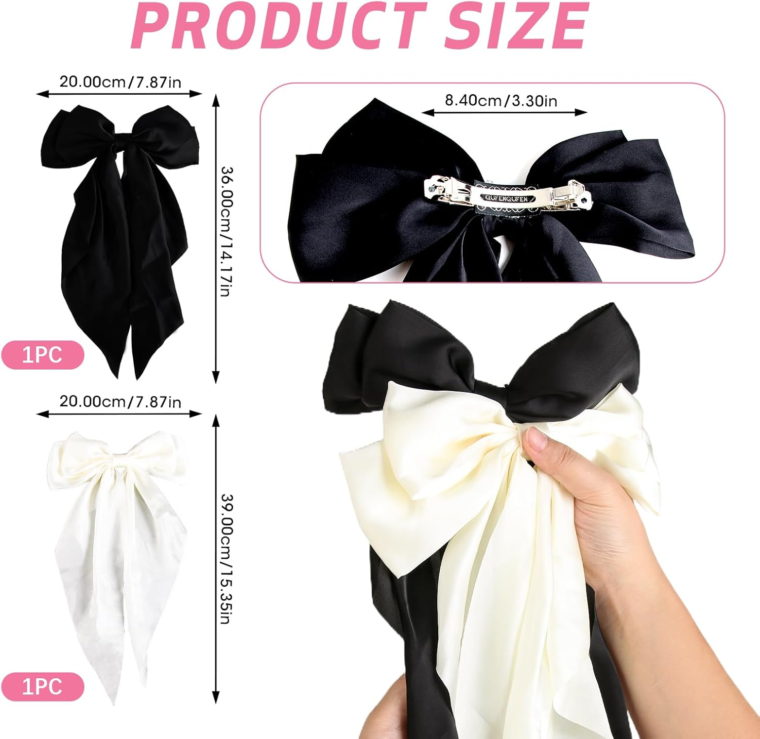 Ownkim Set of 2 Hair Bows for Women Silky Satin - Large Elegant Hair Clips for Women and Girls, Black and White image number 4