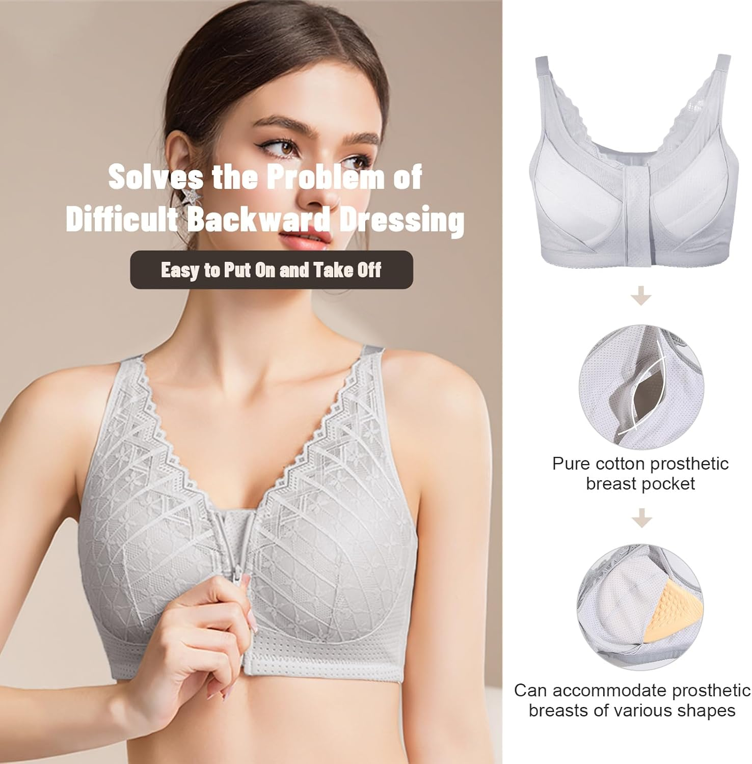Zip Front Closure Mastectomy Bra, Women Post-Surgery-Bra with Pocket for Breast Prosthesis - Lace Surgical Everyday Bras image number 7
