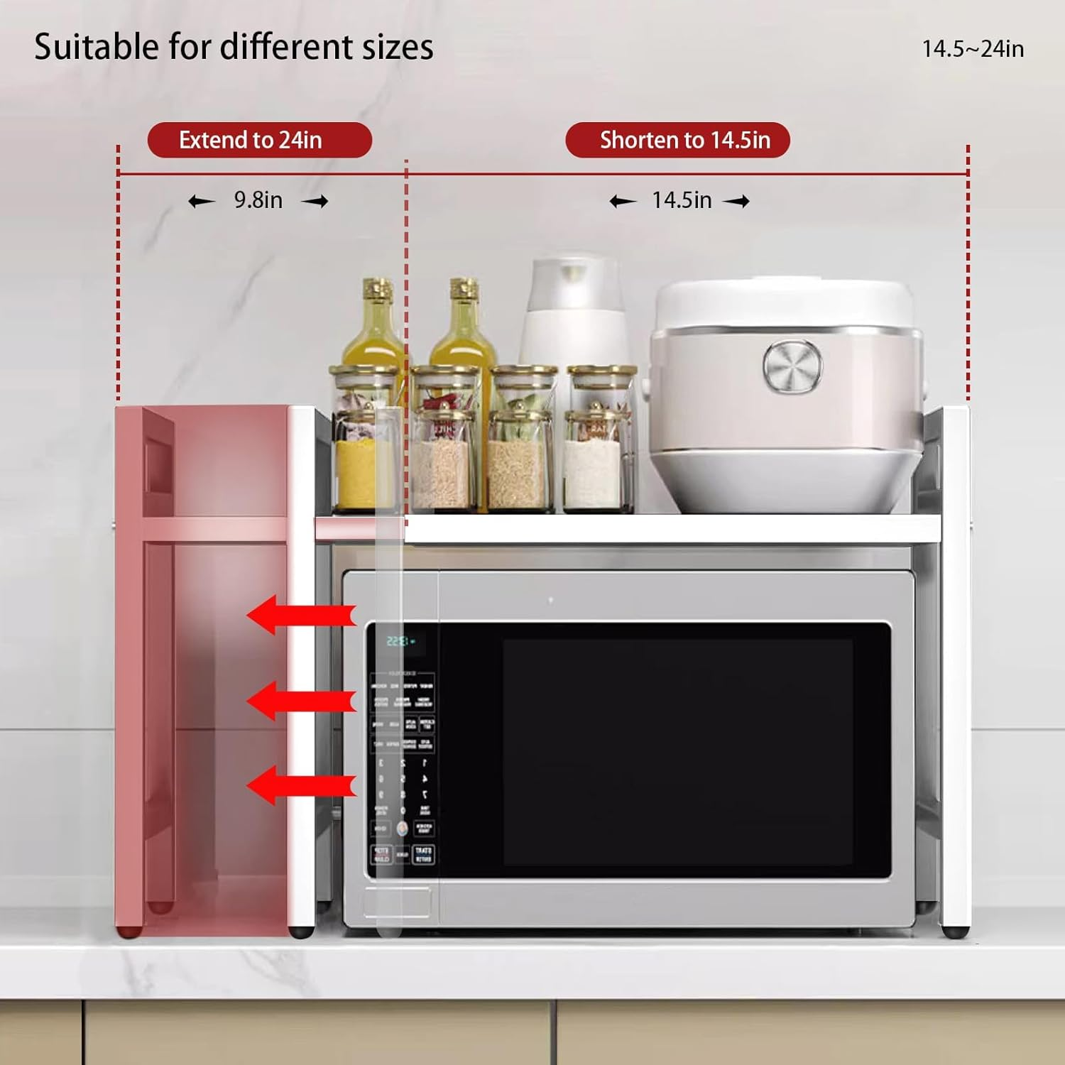 Joiena Extendable Microwave Oven Rack Black, Adjustable Microwave/Toaster Shelf Heavy Duty Stand Kitchen Counter Top Organizer, 2-Tier with 6 Hooks (White) image number 2
