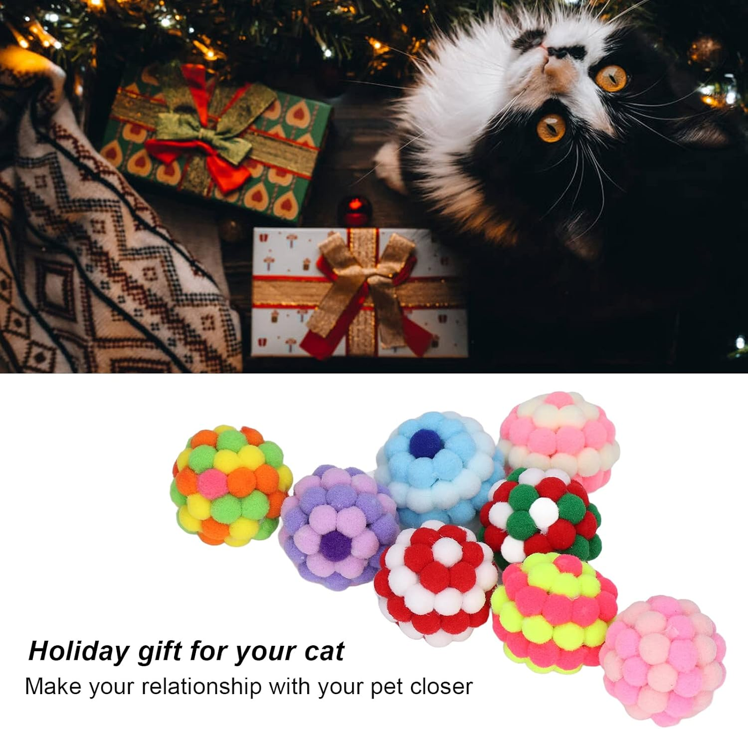 EVTSCAN Cat Ball Toys Elastic Soft Colorful Interactive Chasing Chewing Plush Bell Ball for Kitten 8Pcs