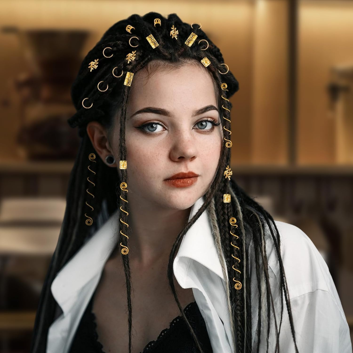 220 Pcs Gold Dreadlock Beads and Hair Cuffs Set, Decorative Hair Accessories Kit with Spiral Coils and Braiding Rings image number 5