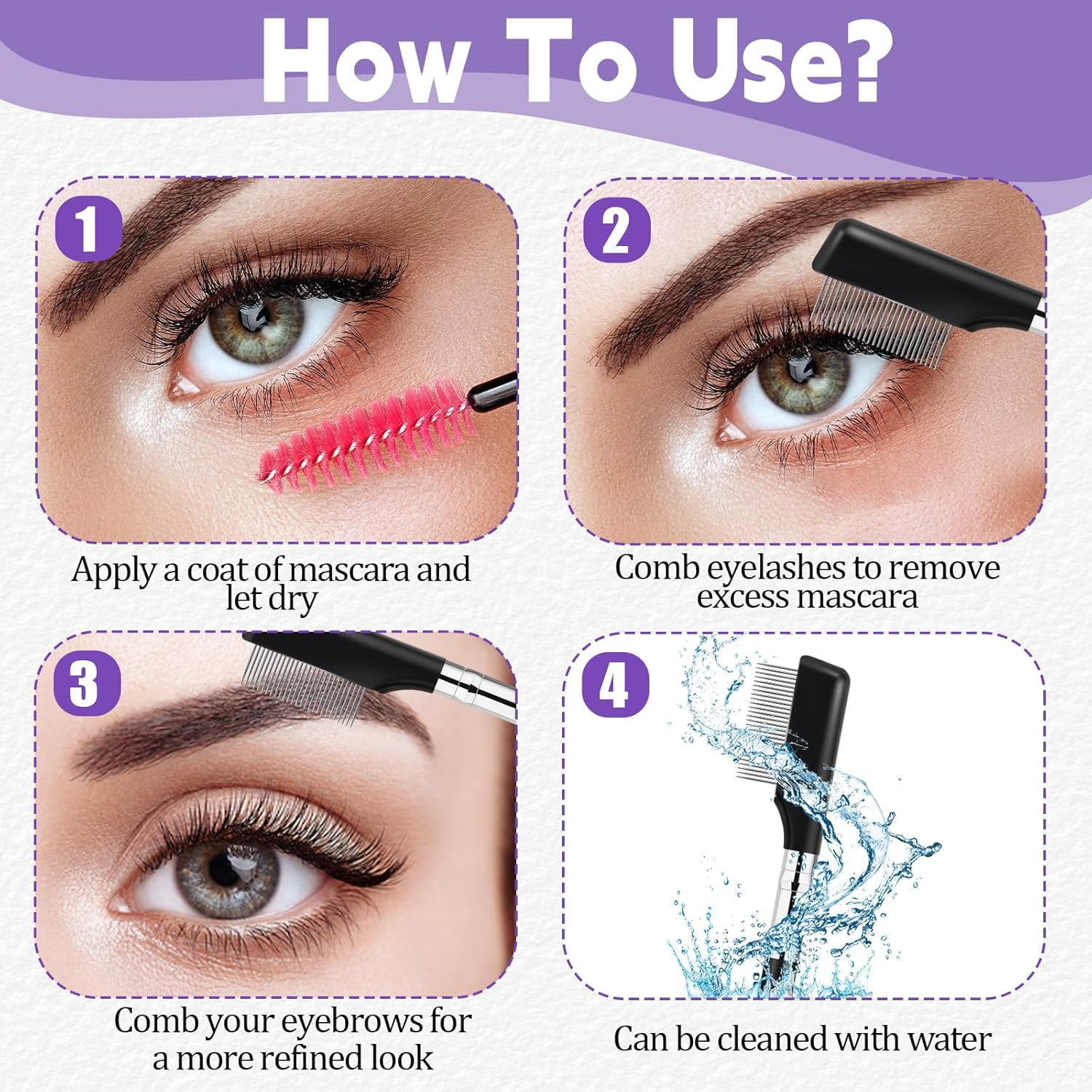 Pack of 2 Eye Eyelashes Separator Metal Eyelash Comb Eyebrow Brush Eyelash Brush Mascara Applicator Eyelash Separator Tool Teeth Care Brush for Girls Women image number 6