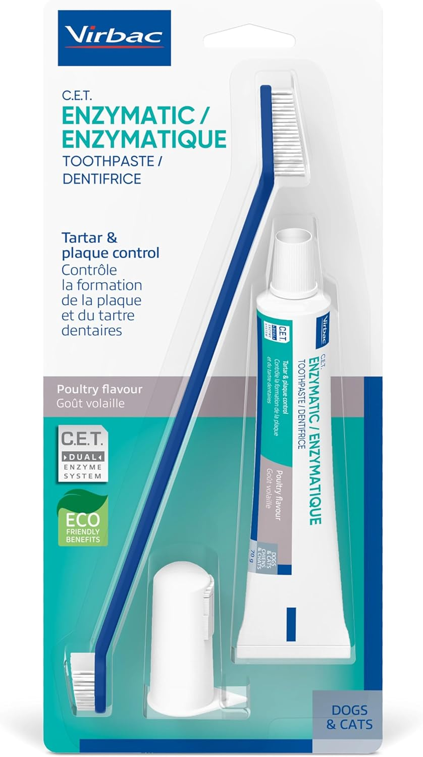 Virbac C.E.T. Oral Hygiene Kit for Cats and Dogs | 3 Piece Set with Dual Ended Toothbrush, Fingerbrush, and Poultry Flavor 2.5 Oz Tube of Toothpaste | Remove Plaque & Tartar Buildup image number 1