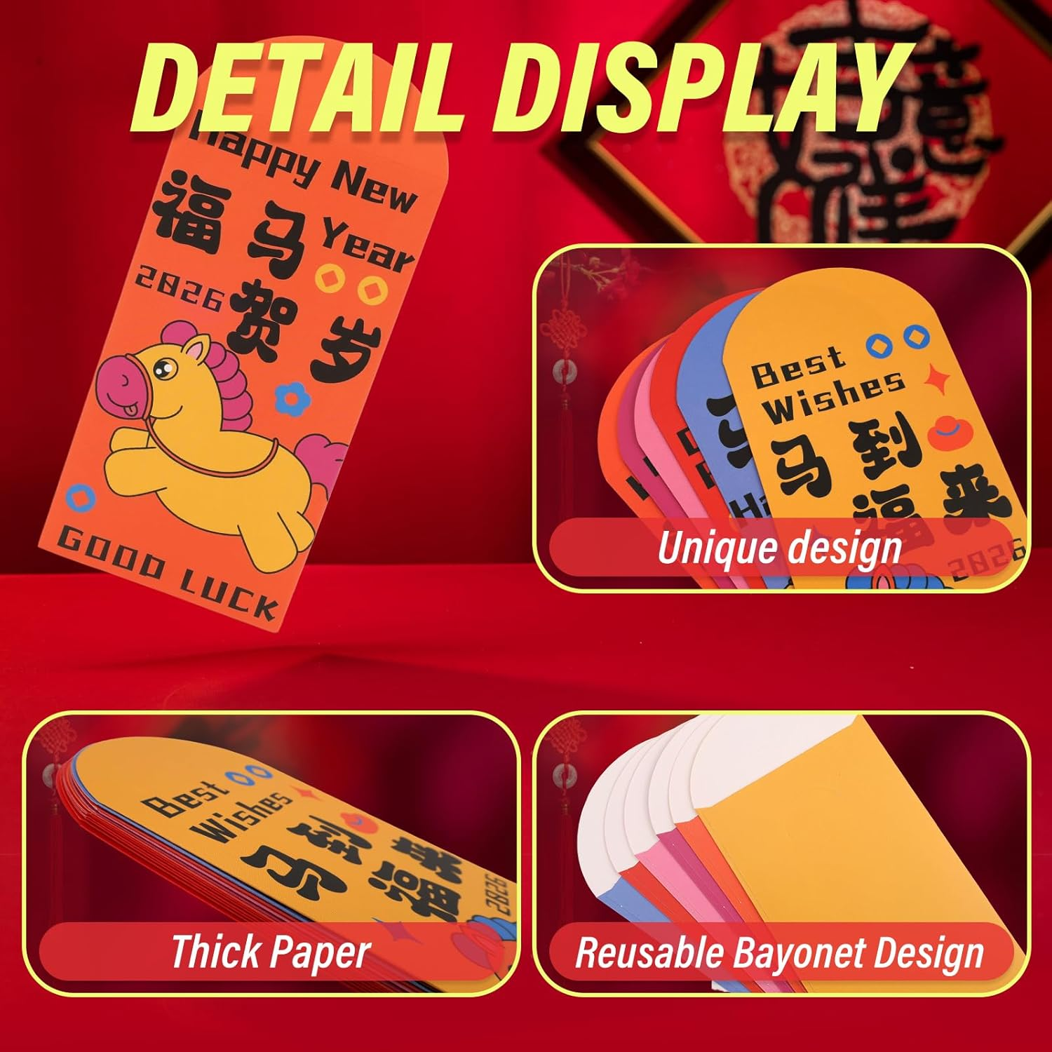 12 Pcs Red Envelopes Chinese New Year Horse，Red Packet Year of the Horse for Chinese Lunar New Year，Chinese New Year Red Envelope 2026 (Classic) image number 1