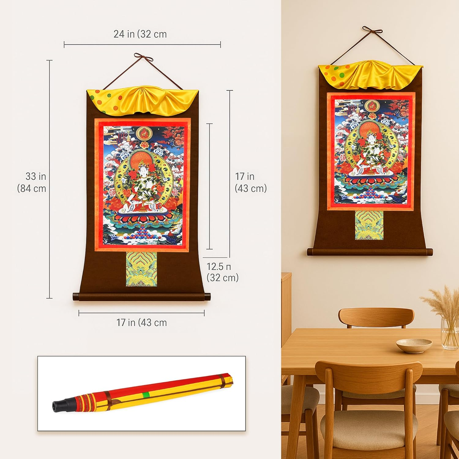 Mudra Crafts Extra Large White Tara Tibetan Thangka Buddha Wall Art - Handmade XXL White Tara Thangka Buddhist Tibetan Painting Yoga Zen Mediation Altar Wall Hanging D&eacute;cor - Green,White image number 6