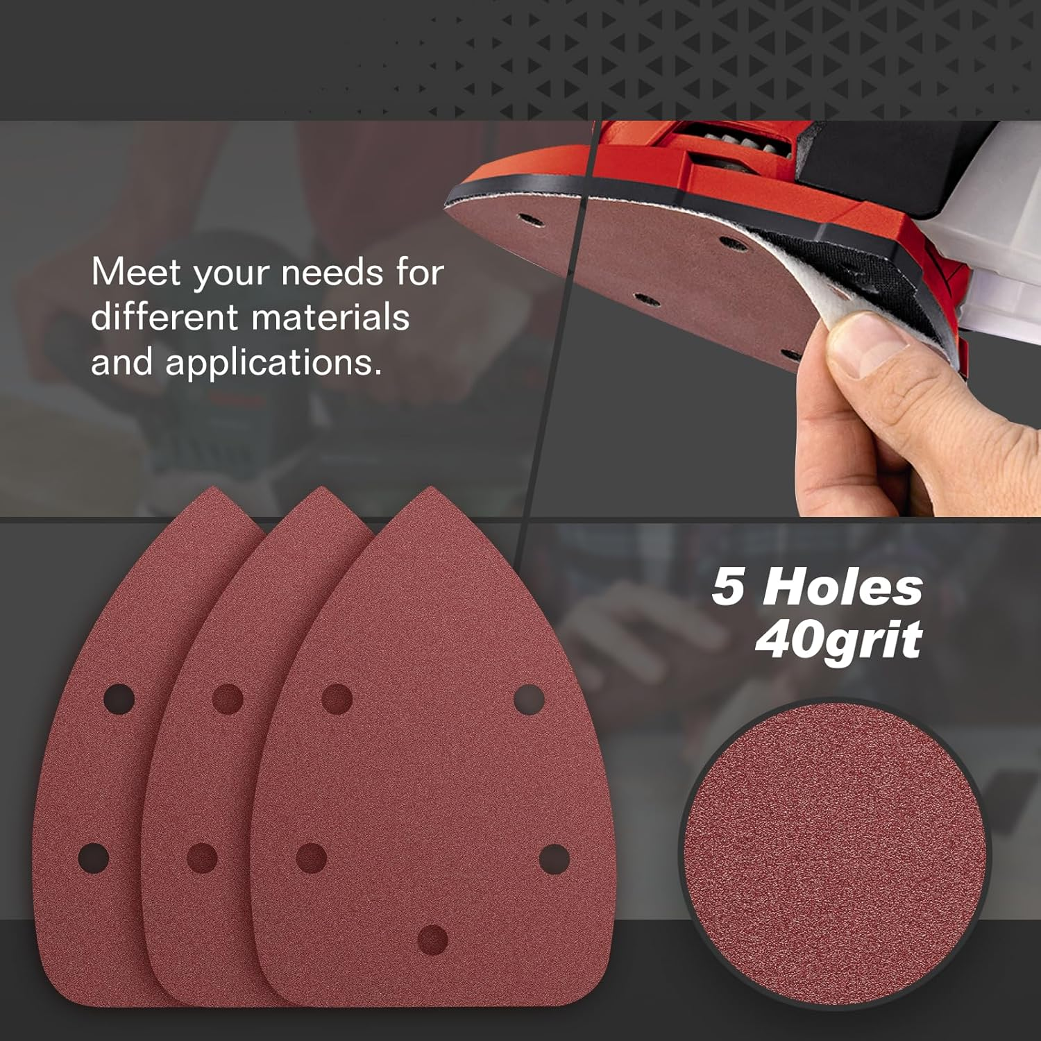 LOLOLE 50PCS Mouse Detail Sander Sandpaper, 40 Grit Aluminum Oxide Triangle Sanding Pads, 5 Holes, Compatible with Metal, Wood, Rubber, Artificial Stone, Glass, Leather, Other Materials image number 5