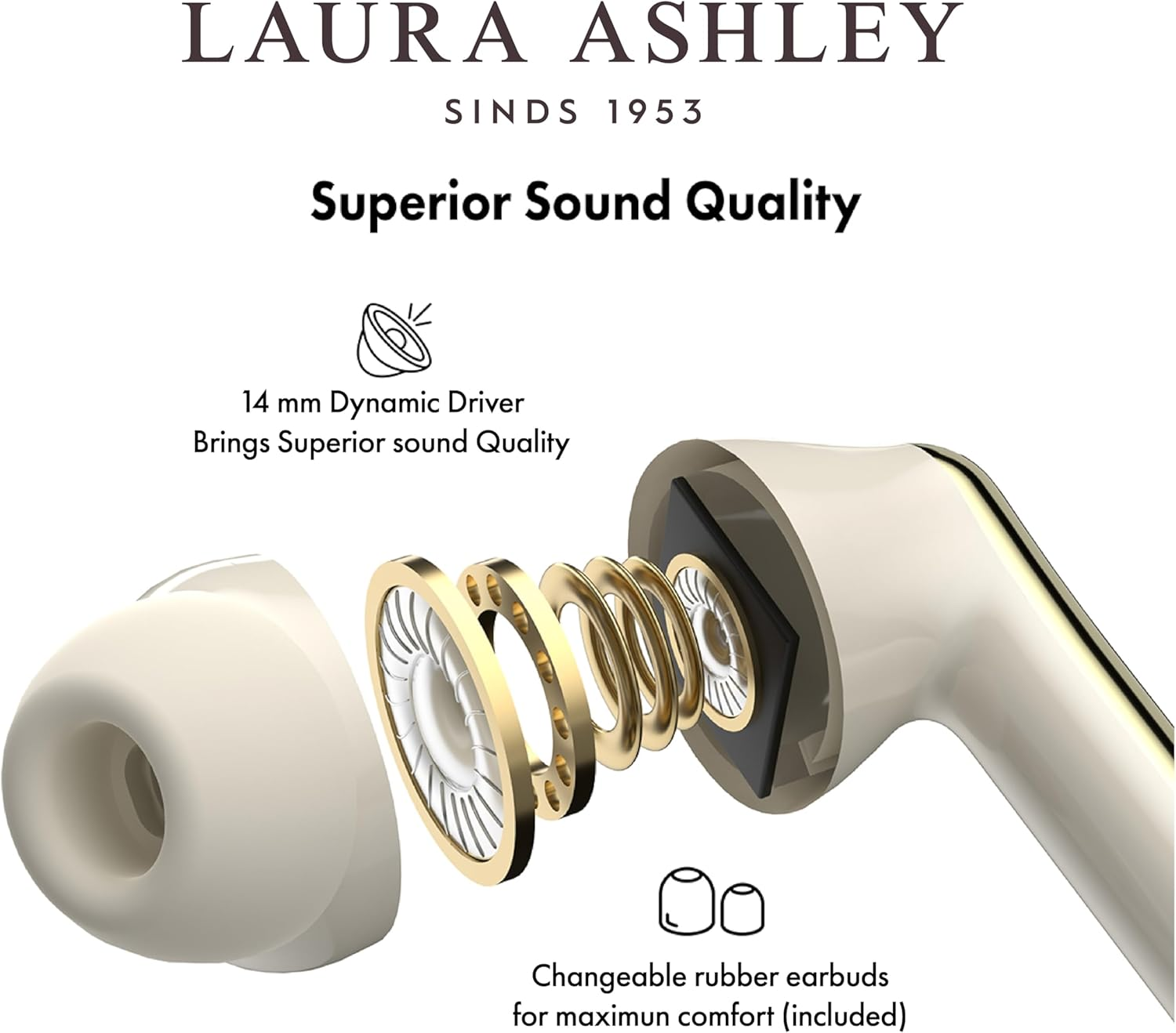 Laura Ashley TWS Wireless Earbuds by VQ - Skylark Wireless Earphones with Bluetooth 5.4, HD Mic & ENC Noise Cancelling - 40H Backup Rechargeable Ear Buds Compatible with Ios & Android - Wild Meadow - Pussy Willow White image number 4