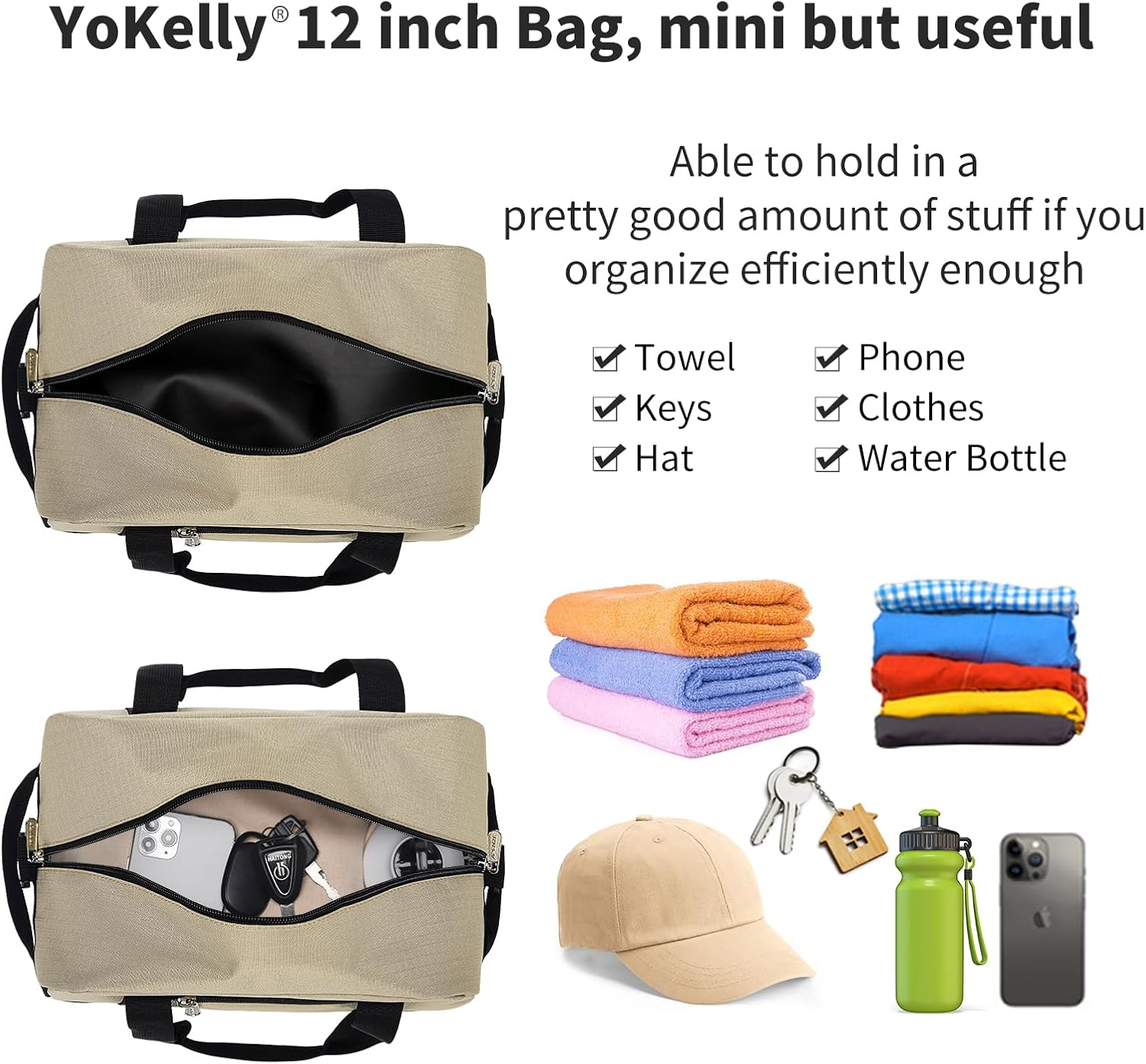 Small Gym Bag Carry on Bag - 12 Inch Mini Duffle Bag Lightweight for Overnight Travel, Camel, 12 Inch, Small Duffle Bag image number 6