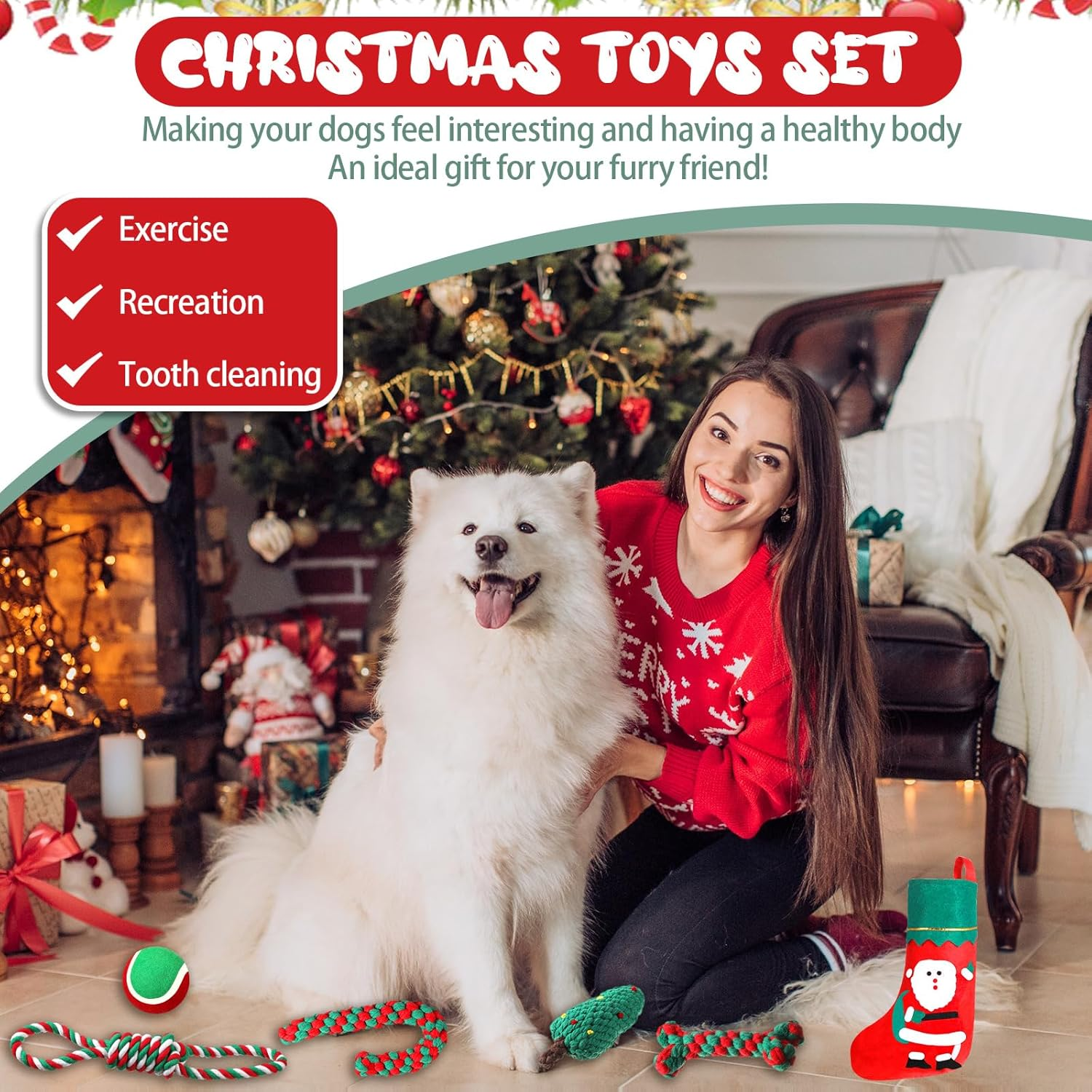 Xuniea 6 Pcs Christmas Dog Chew Toys Dog Rope Toys Pet Chew Training Toys Candy Cane Bone Tree Shape Knotted Ropes Assorted Styles for Small Medium Large Dog Puppy Pet Christmas Favors (Cute)