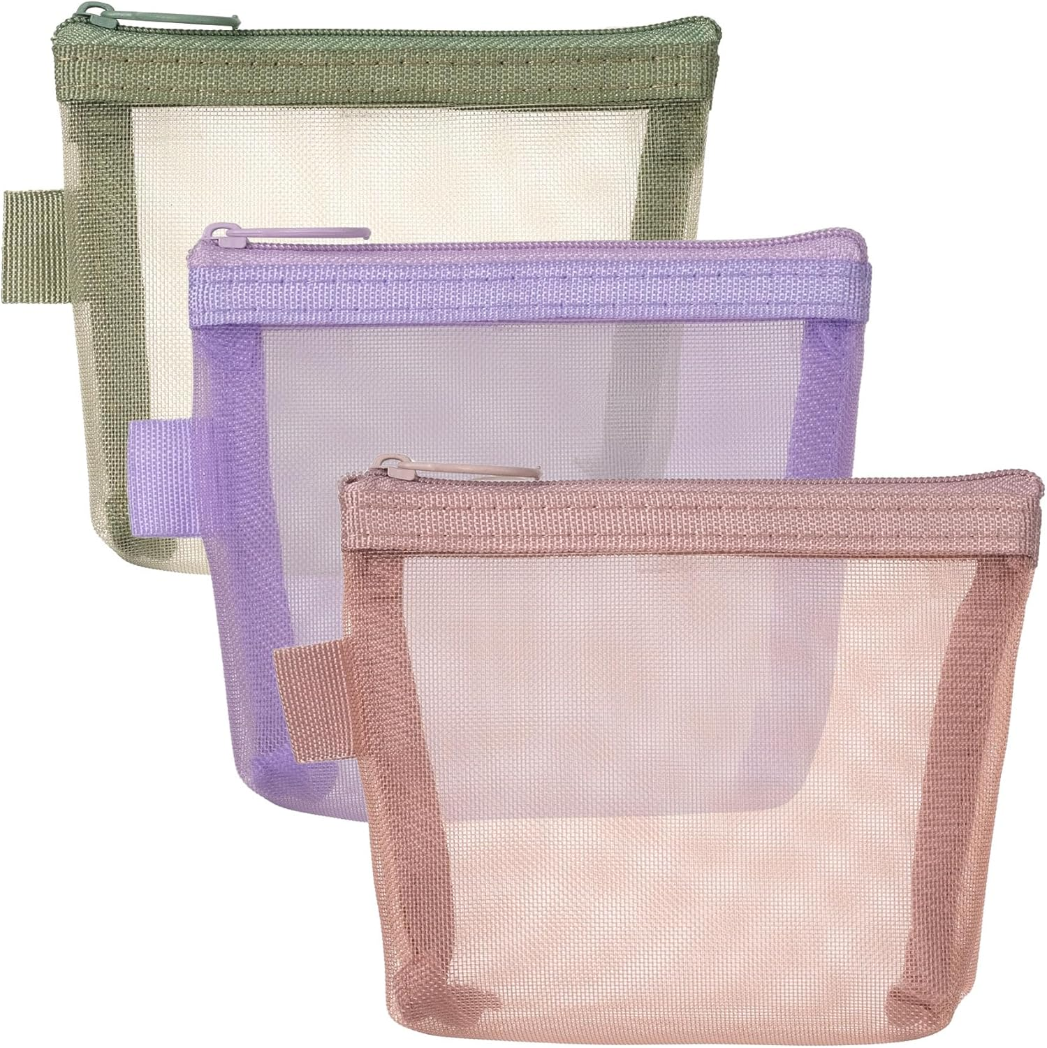 BEIQIYA 3Pcs Mini Mesh Bag with Zipper, Small Clear Nylon Makeup Bags, Portable Travel Cosmetic Pouch Purse for Lipstick Coin Keys Cards- Blue & Pink & Green
