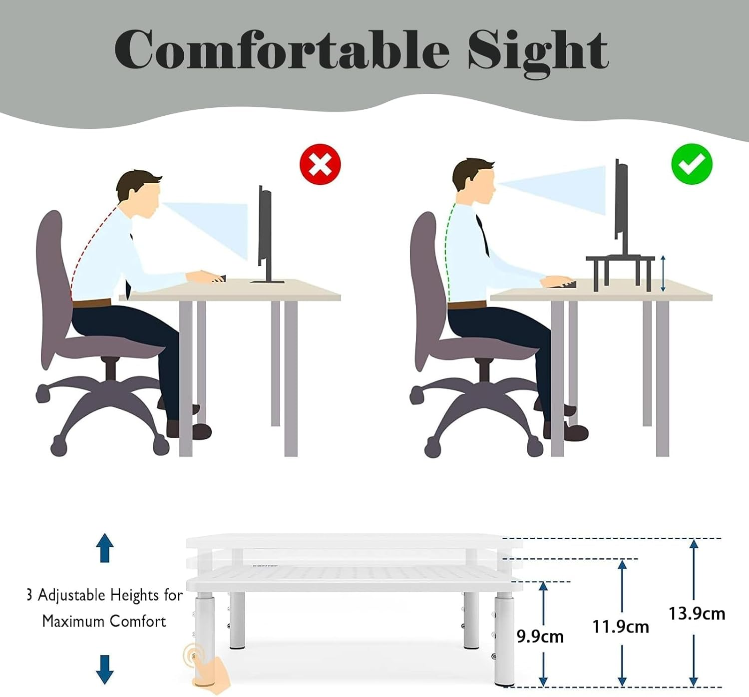 1 Pack White Metal Monitor Stand Riser, 3 Height Adjustable, Mesh Holes, Metal Shelf Holder, Screen Floor Stand Riser image number 2