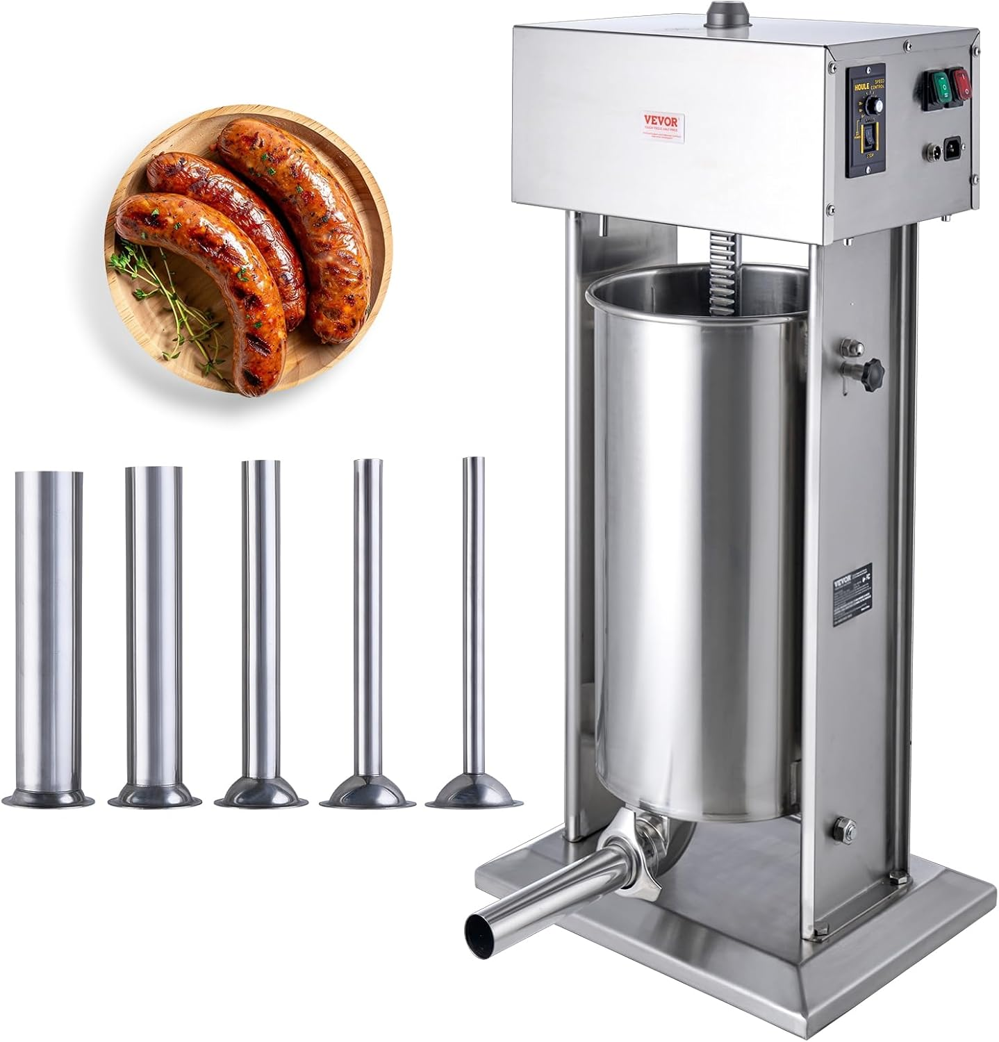 VEVOR Electric Sausage Stuffer, 25 L / 55 LBS Vertical Meat Stuffer, 400W Motor, Stepless Speed Control and Foot Pedal, Made of Food-Grade 304 Stainless Steel, 5 Stuffing Tubes for Home, Commercial image number 6