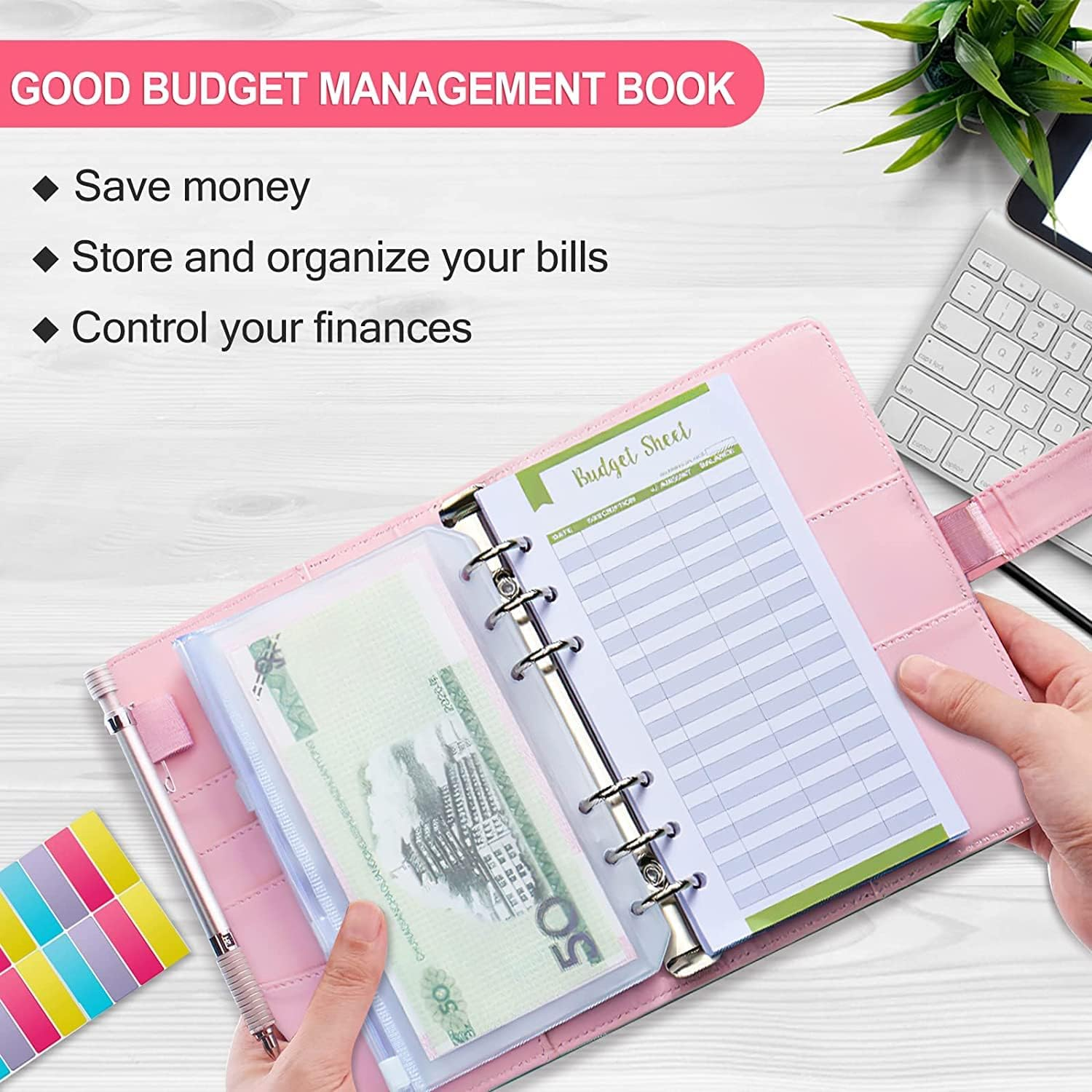Budget Binder - A6 Size with Zipper Envelopes, 12Pcs Budget Planner and Cash Envelopes (Pink-White) image number 2