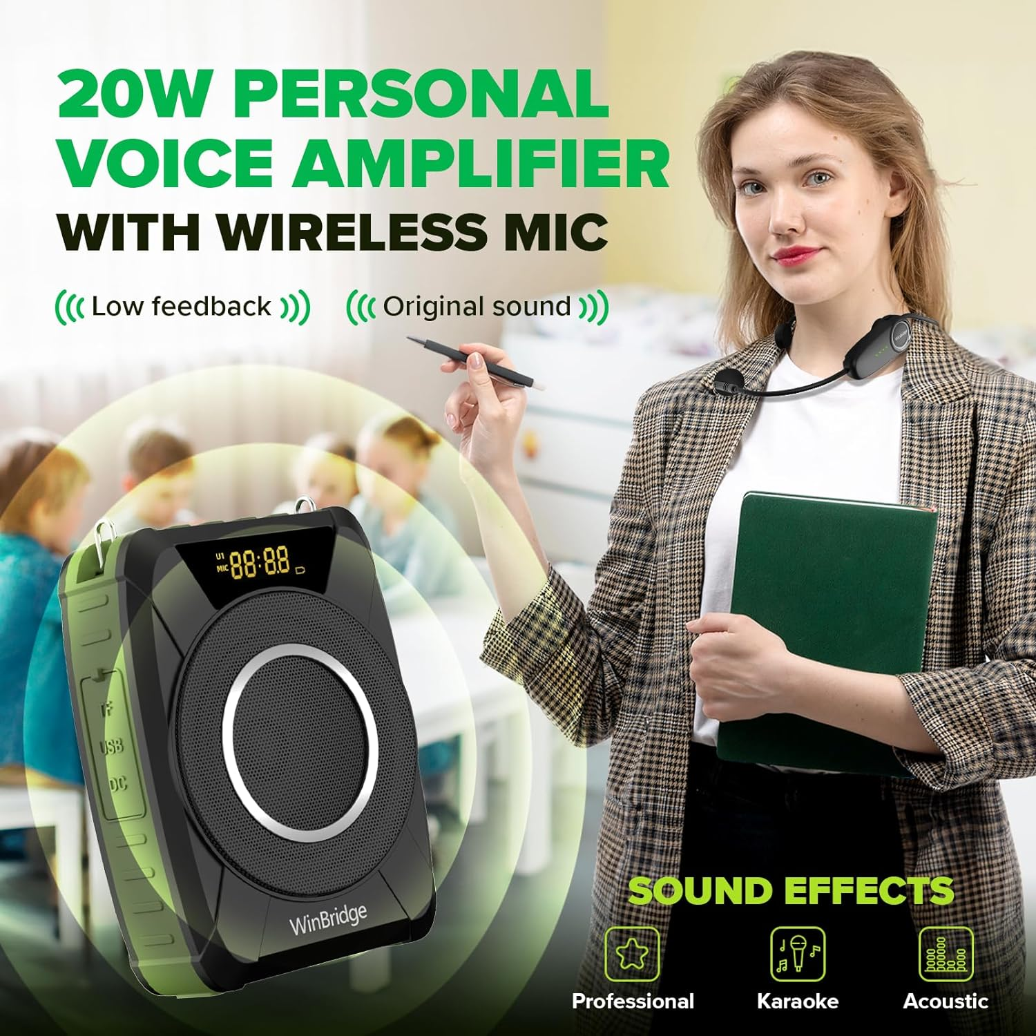 Bluetooth 5.0 Voice Amplifier with Wireless Mic Headset, Waterproof Personal Microphone Wireless Voice Amplifier, 20W Loudly Portable Megaphone PA System for Teachers, Safety Drills, Outdoors Indoors image number 3