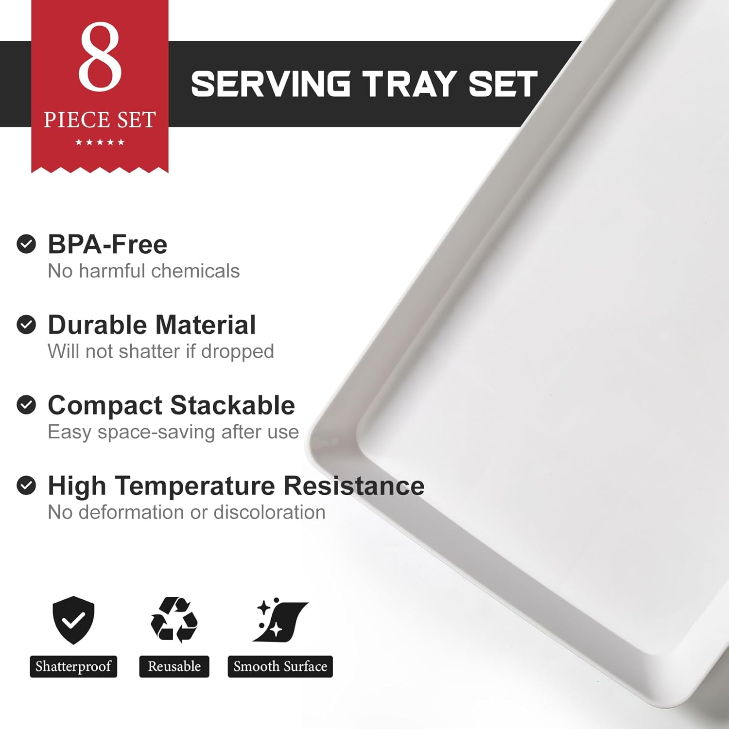 8 Pack, 16" X 11" Large White Serving Trays Set - Reusable Plastic Serving Platters for Cookie, Appetizer, Charcuterie, Snack, Dessert, Party Food Display - Stackable Kitchen Countertop Tray, BPA Free image number 4