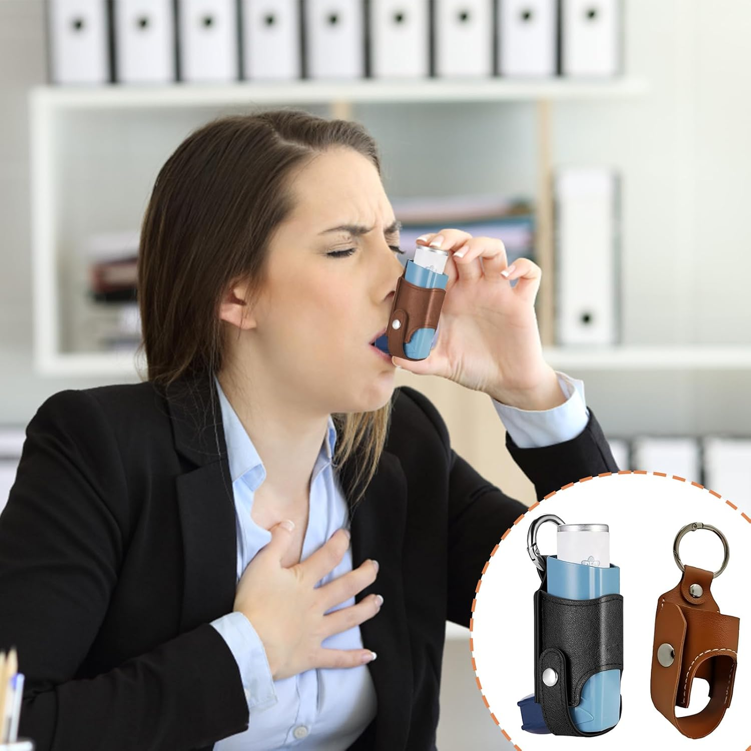 ZPLASK 2PCS Inhaler Case, Mini Keychain Inhaler Holder, Asthma Inhaler Case, Carrying Portable Inhaler Bag Leather Protective for Hiking Daily Use Outdoor and Travel (Black Bolwn) image number 6