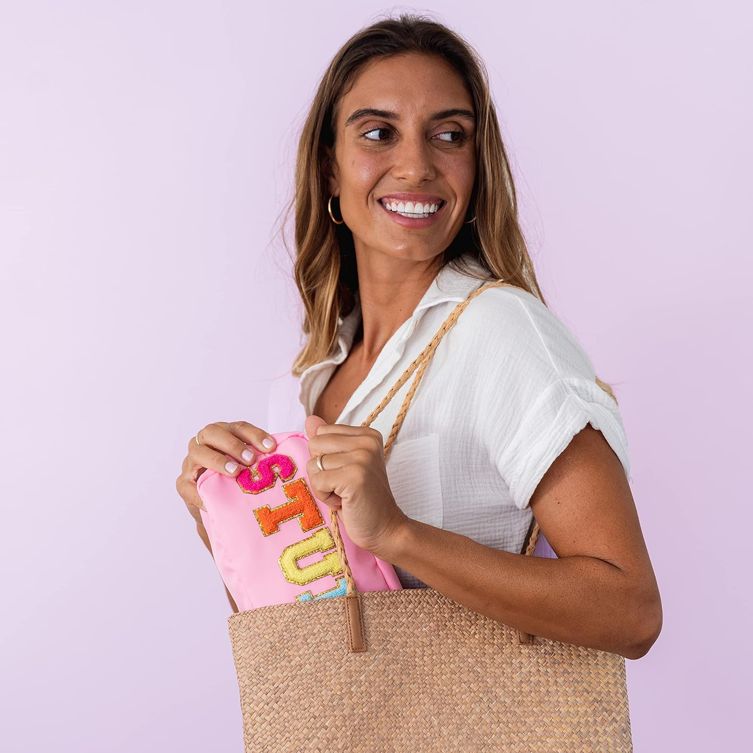 Fablinks Pink Nylon Cosmetic Bag with Chenille Letter Patches, Pink, 9-Inch, Stuff-Pink