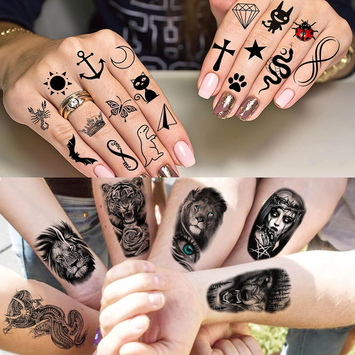 72 Sheets Large Half Arm Sleeve Temporary Tattoos for Men Women Forearm, Tribal Wolf Tiger Lion Owl Skull Temp Halloween Fake Tattoo Stickers Adults, Black Realistic Tattoo Flower Rose Animals image number 1