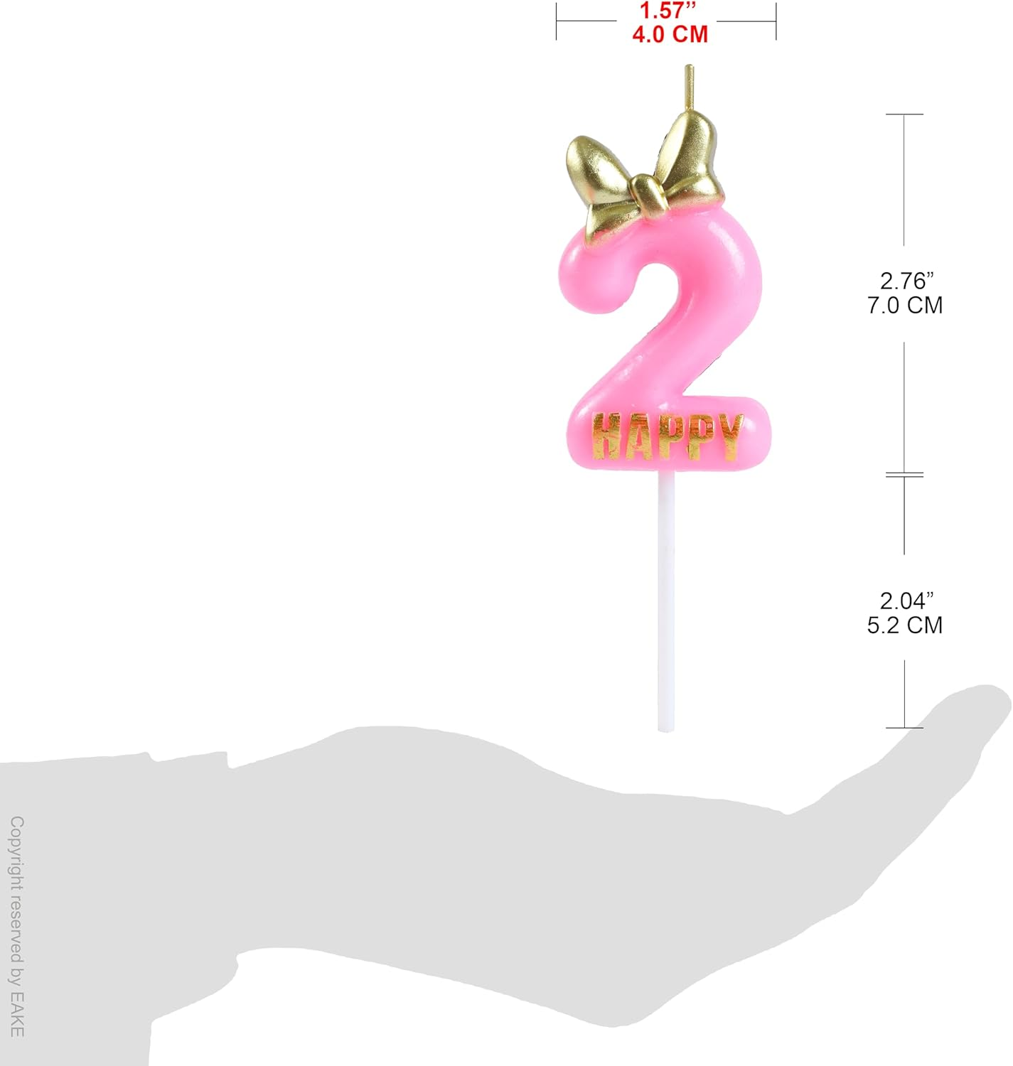 EAKE Pink Birthday Candles Number 2 with Bow Bowknot Bowtie and Metallic Gold Mini Happy Letter for Happy 2Nd Mouse Theme Birthday Cake Topper Party Supplies Decorations (4.7 Inch) image number 3