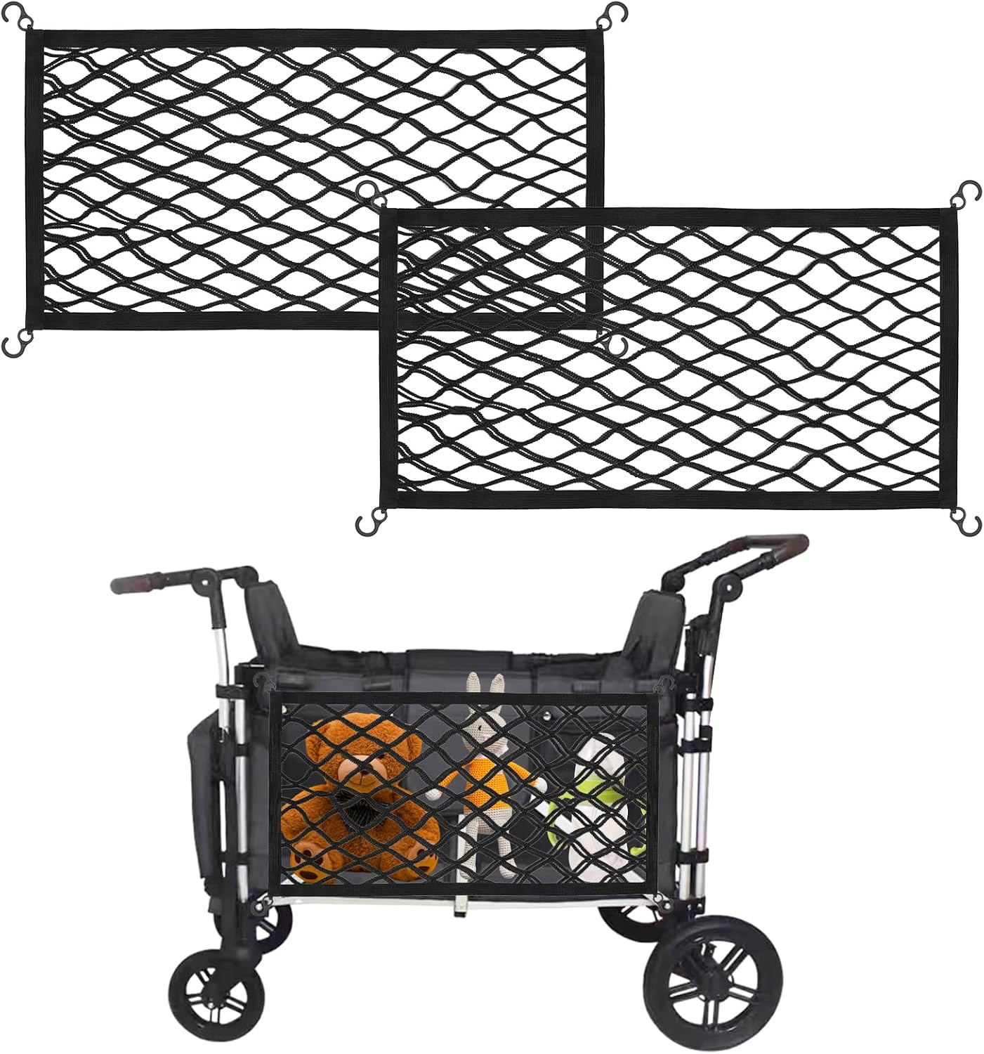 2Pcs Stroller Wagon Cargo Nets, Elastic Side Sling Stroller Mesh Organizer Bag with Hooks, Extra Storage Space for Baby Wagon, Accessories Compatible with Wonderfold All W-Series Models