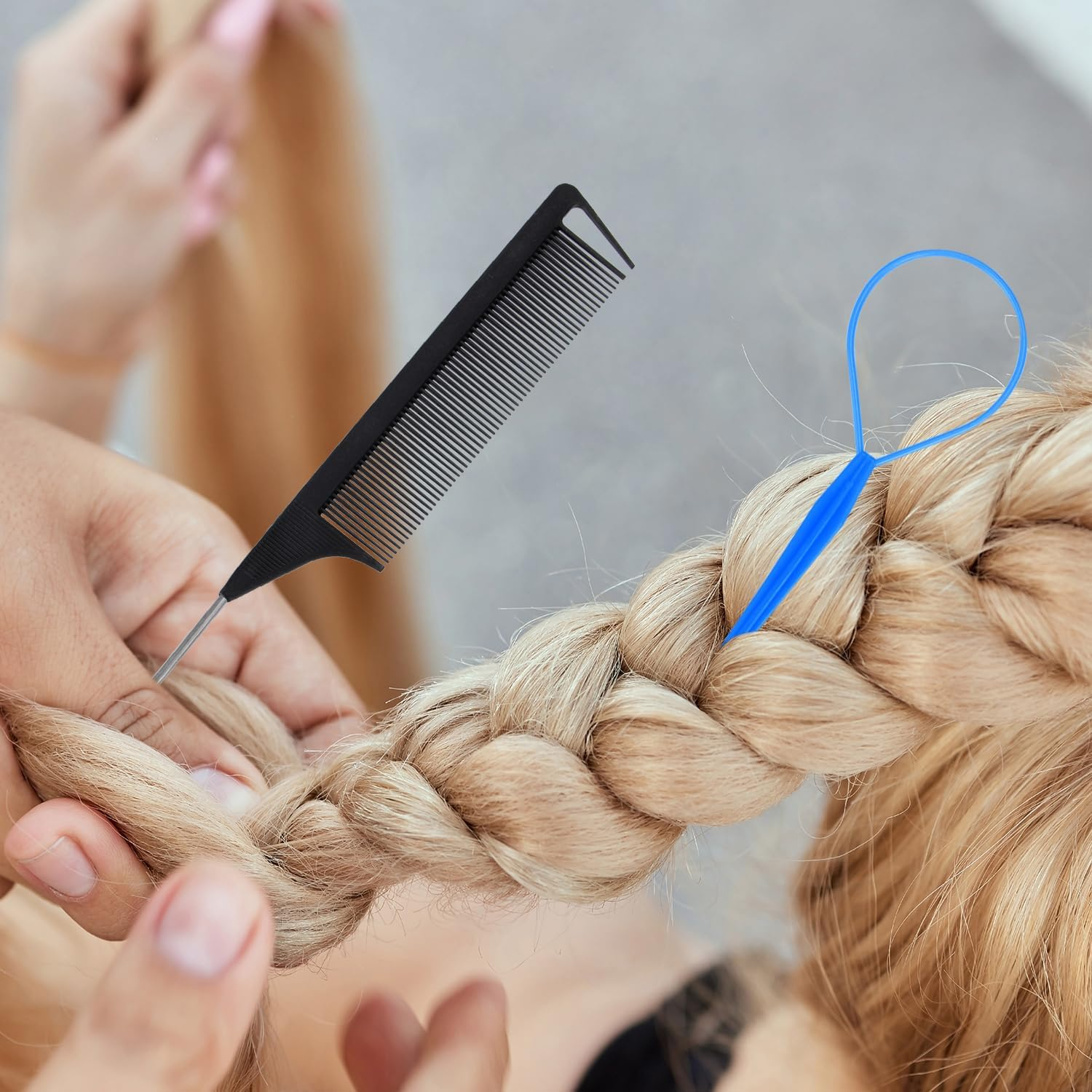 Acooruiteng Topsy Tail Hair Tool Hair Braiding Tool Hair Pull through Tool Topsy Tail Loop Topsy Tail Kit French Braid Loop Tool Hair Loop Styling Tool with Rat Tail Comb and Rubber Bands(6 Pcs)