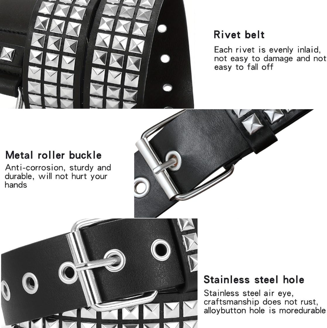 Metal Punk Rock Rivet Studded Belt for Women Men, Gothic Belt with Bright Pyramid Studs image number 3
