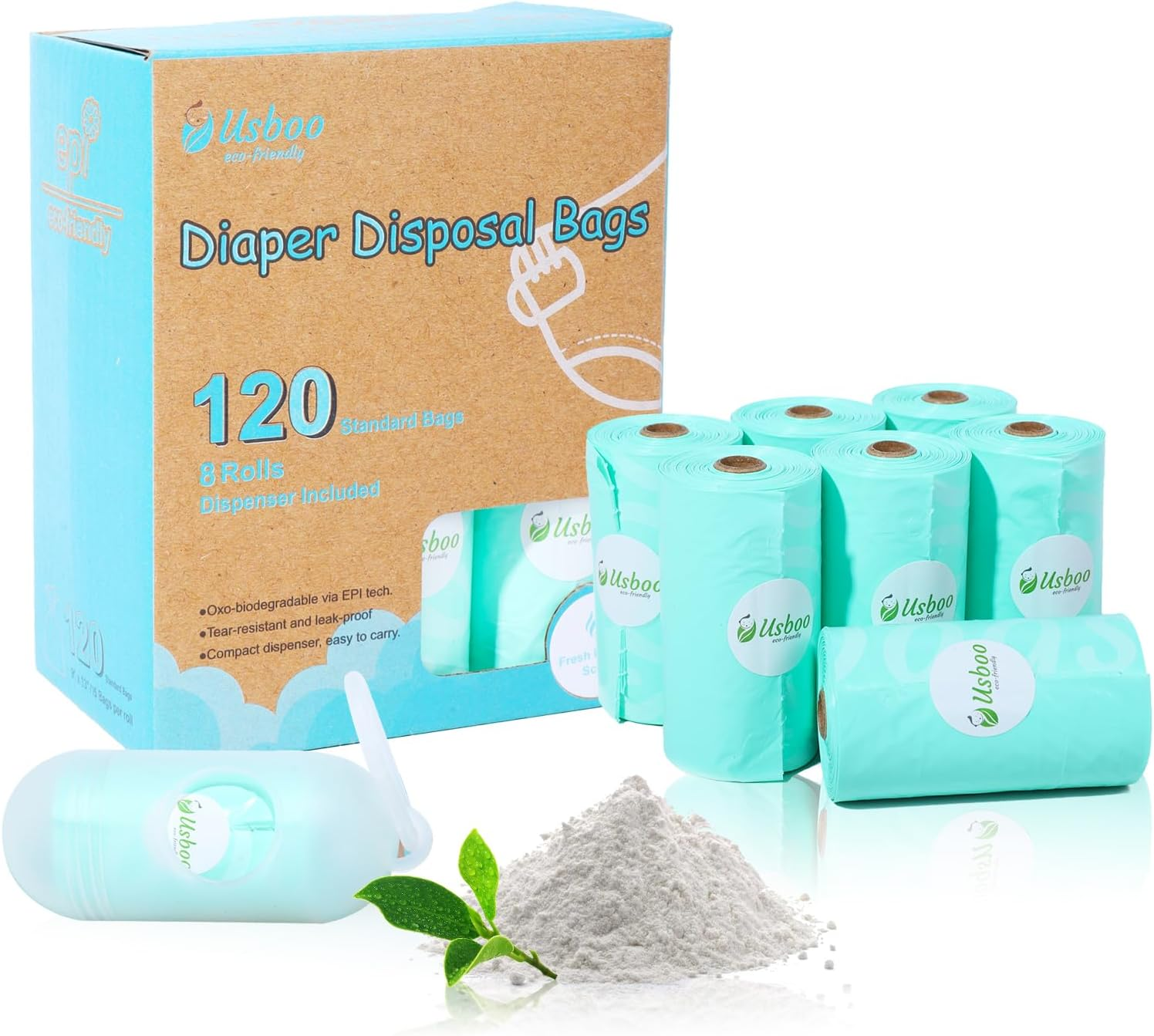 Diaper Bags Disposable for Baby - Fresh Powder Scent, 8 Refill Rolls (120 Pack) Diaper Trash Bags with Dispenser, Diaper Bag Accessory