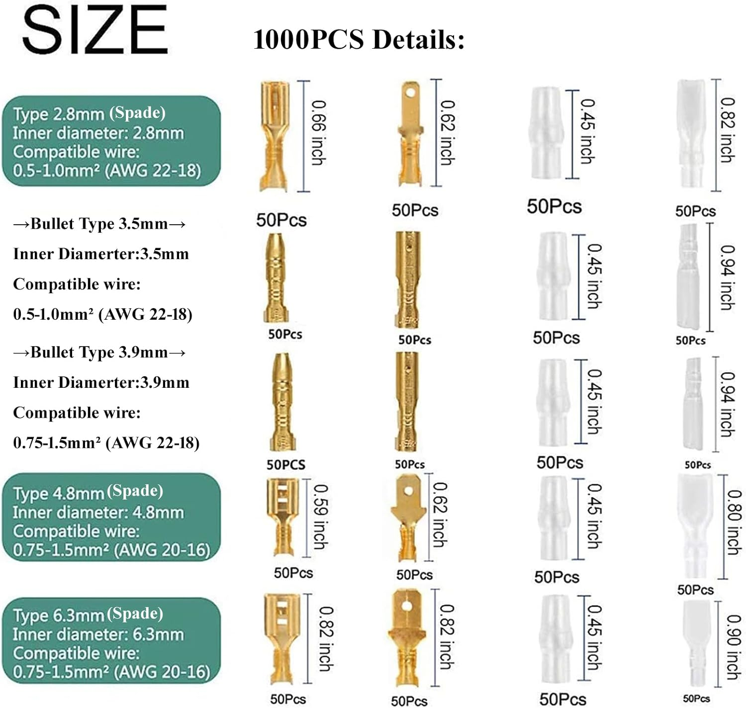 1000Pcs Insulated Spade & Bullet Connectors Set; 2.8Mm 3.5Mm 3.9Mm 4.8Mm 6.3Mm Male and Female Terminals and Insulation Sleeve Kit Copper Electrical Wire Wrap Crimp Splice with Nylon Sleeves &hellip; image number 1