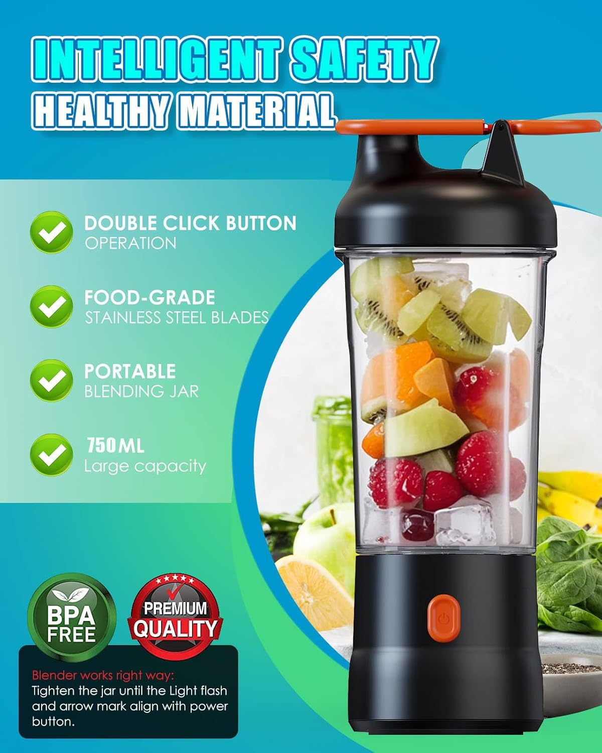 Portable Blender for Juicer and Shakes and Smoothies, 750Ml USB-C Rechargeable - Mini Small Blender Cup for Kitchen, Office, Gym (Black)
