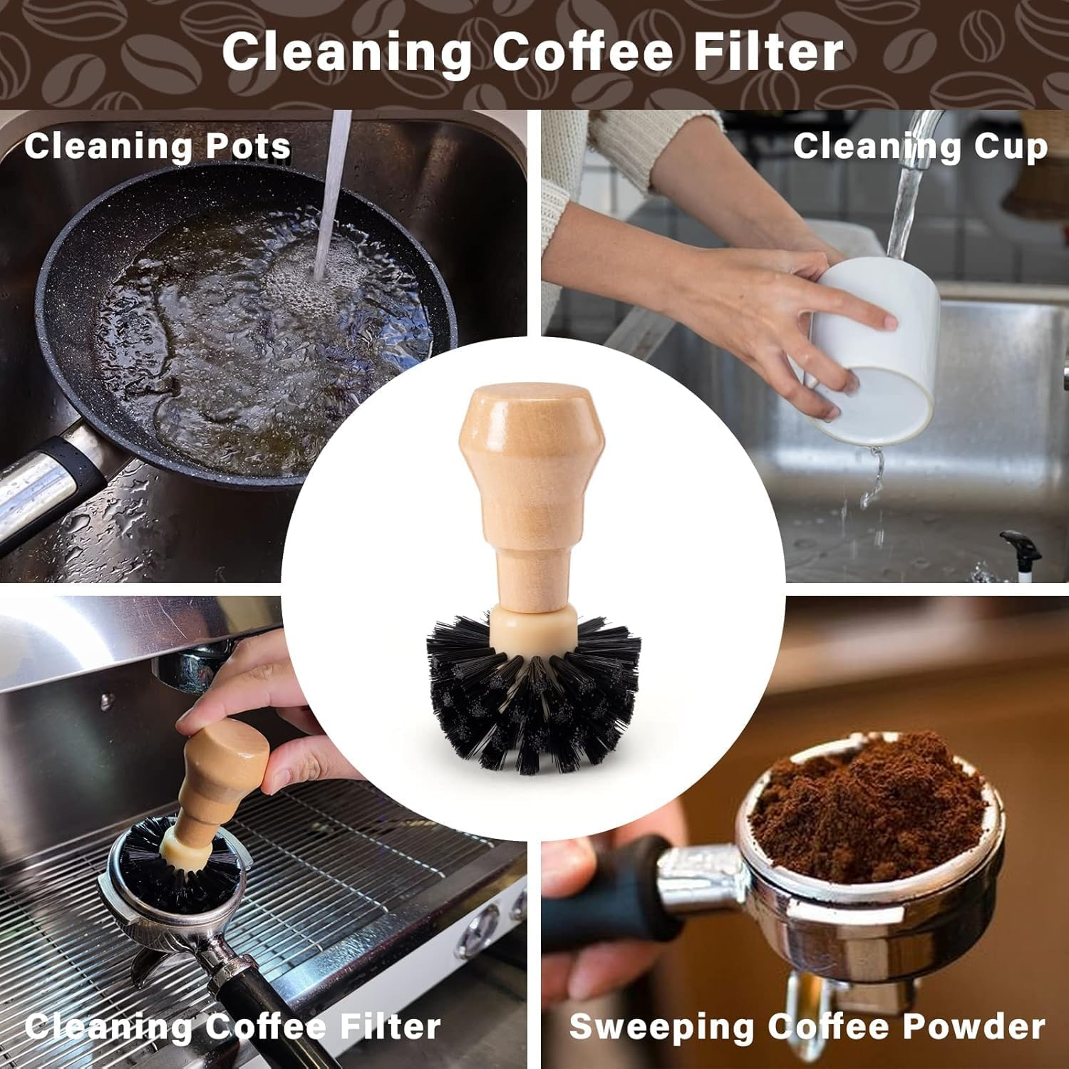 THJOPOKEEL Coffee Filter Cleaning Brush, Suitable 54Mm-62Mm Coffee Machine Portafilter Brush, Wooden Handle Coffee Powder Bowl Cleaning Brush image number 1