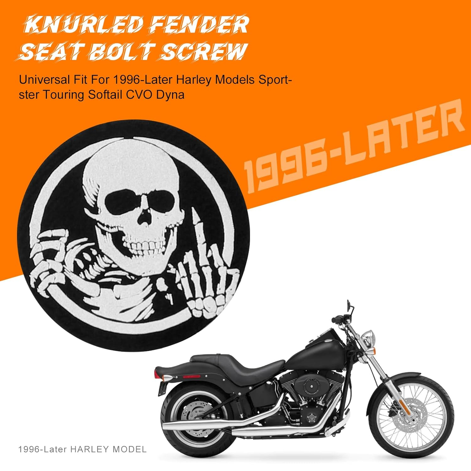 Chrome Stainless Knurled Fender Rear Seat Bolts Screw and Nut Kit 1/4"-20 Thread Quick Mount Skull Pattern Compatible with Harley Touring Softail Dyna Sportster CVO Fatbob 1996-2024 - Black-Skull Pattern/Screw+Nut image number 2