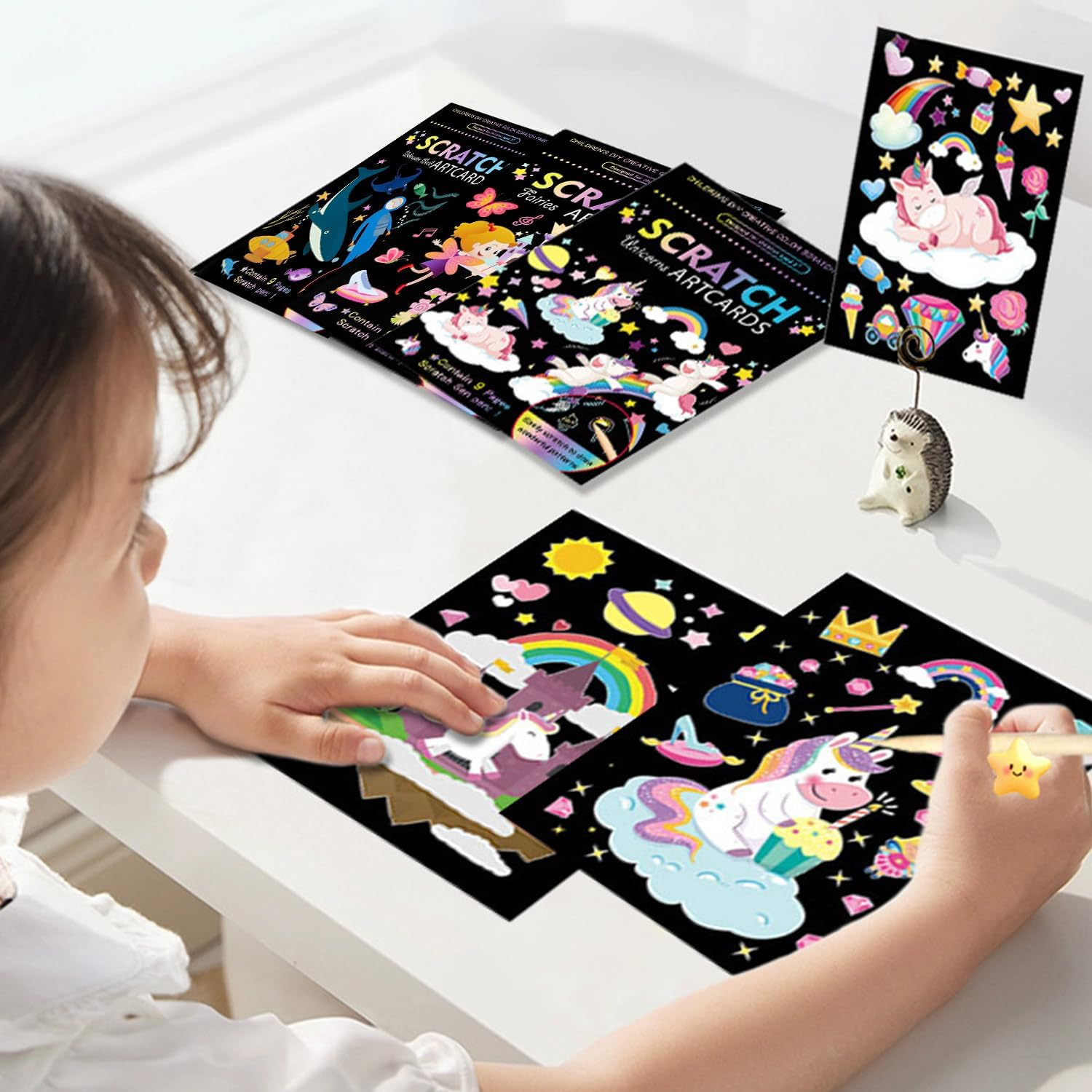 Rayong Set of 3 Scratch Pictures for Children, 18.5 X 13.5 Cm, Magic Rainbow Scratch Paper, Scratch Book, Scratch Paper Set with Colourful Gradient and Scratch Pen, Dinosaurs, Space, Oceans (B) image number 5