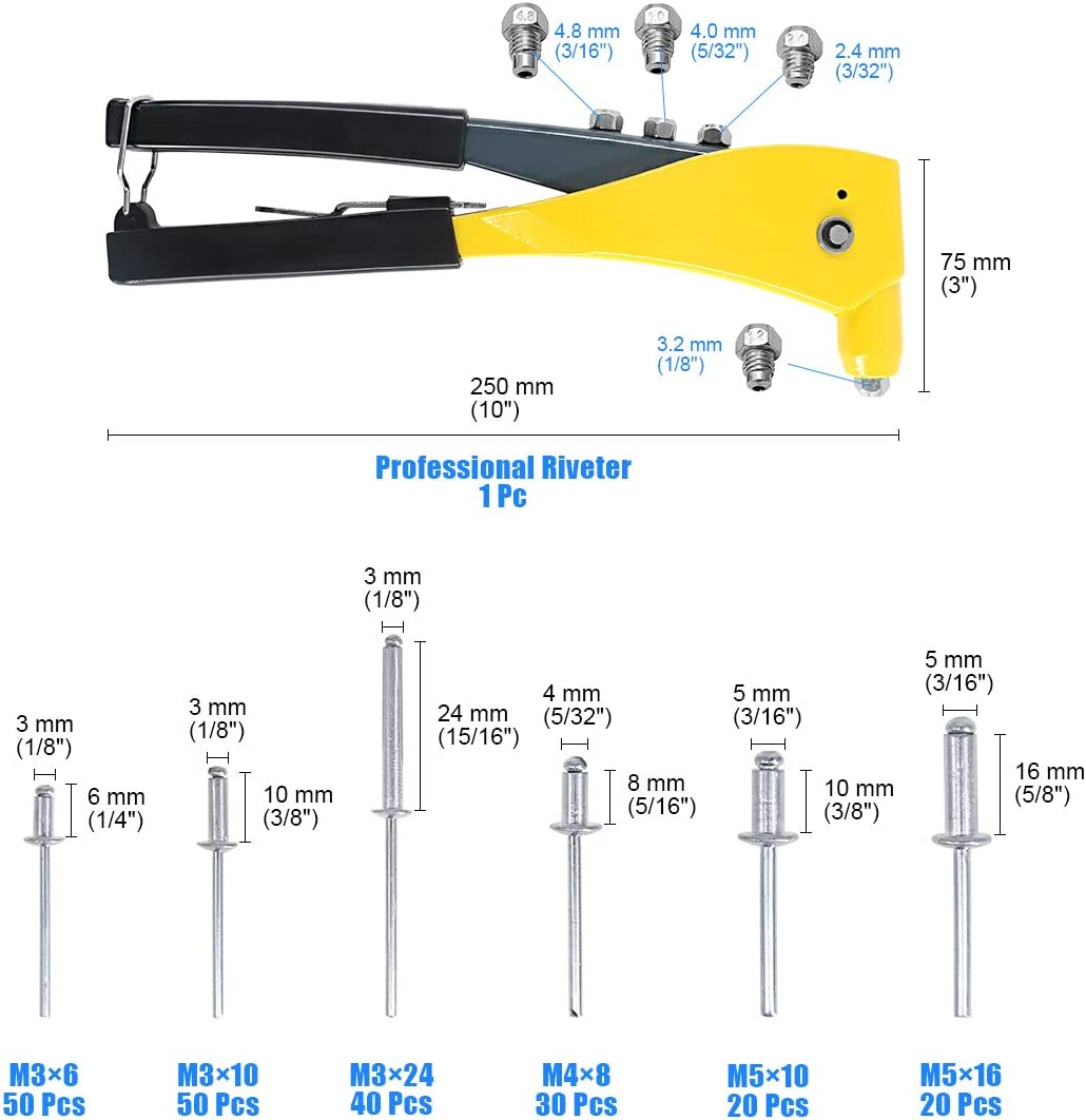 Glarks Heavy Duty Riveter Set, 210Pcs Aluminum Blind Rivets Assortment Kit and a Professional Pop Rivet Gun for Sheet Metal, Automotive, Railway, and Duct Work (Rivet Gun with Rivets Set) image number 3