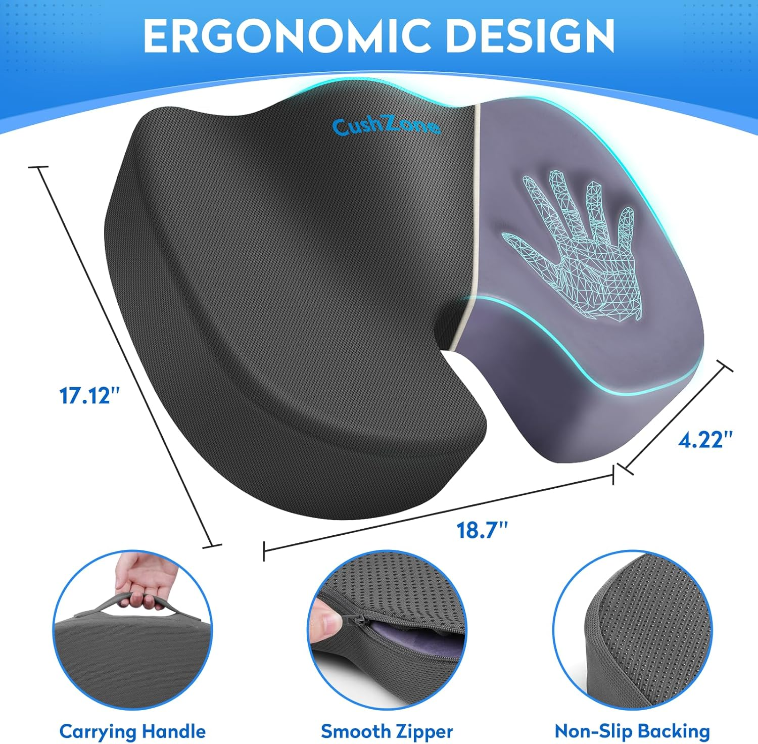 Seat Cushion, Office Chair Cushions, Car Non-Slip Sciatica & Back Coccyx Tailbone Pain Relief Pad, Memory Foam Pillow for Computer Desk, Wheelchair, Driving(Grey) Gray X-Large image number 1