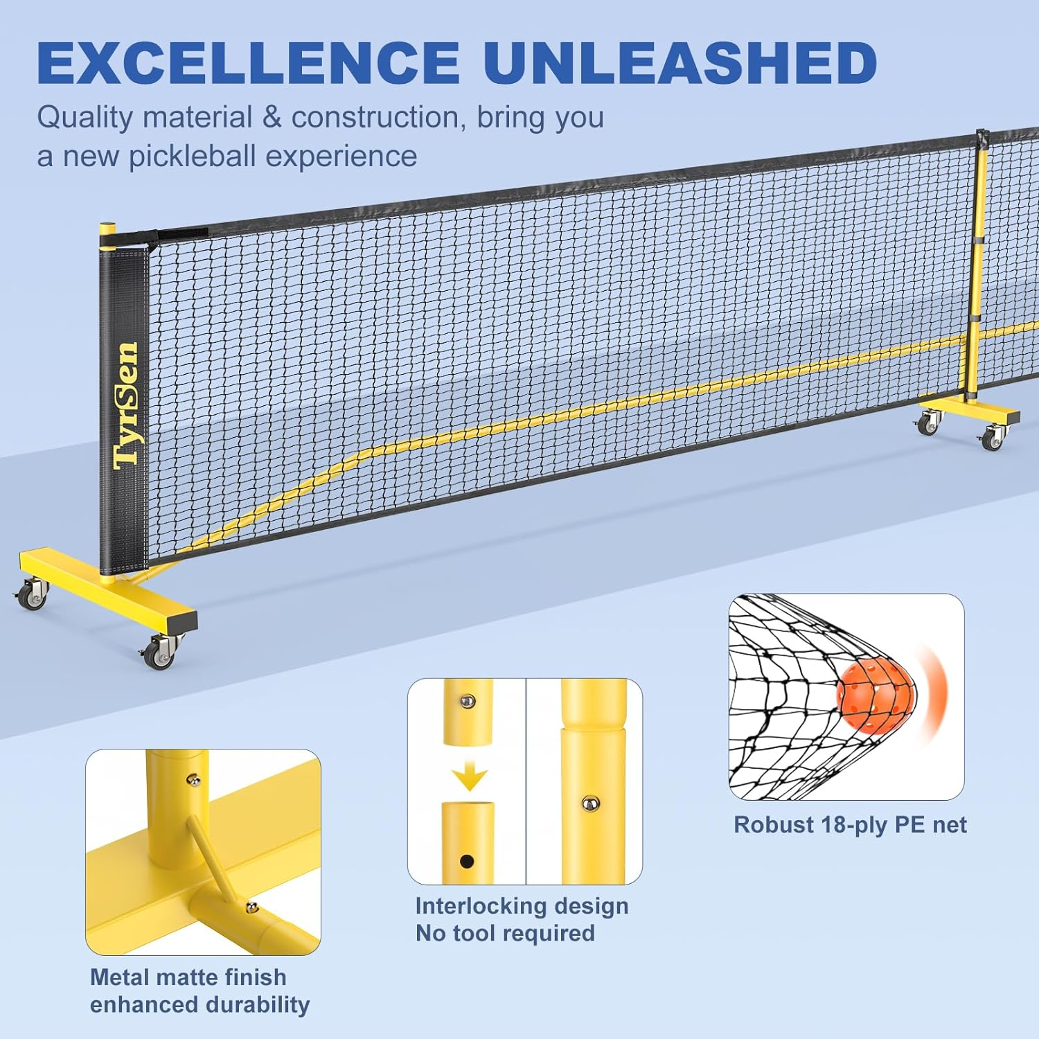 TYRSEN Pickleball Set with Net for Driveway Portable Pickleball Net on Wheels 22 FT Regulation Size Pickle Ball Net System with Carrying Bag, Weather Resistant Metal Frame image number 1