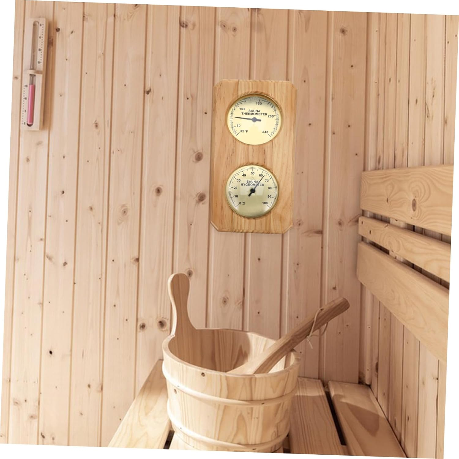 COHEALI High Temperature Resistant Sauna Hygrothermograph Wooden Wall-Mounted Indoor Temperature Humidity Gauge for Sauna Rooms and Swimming Pools Metal Construction Precise Analog image number 6