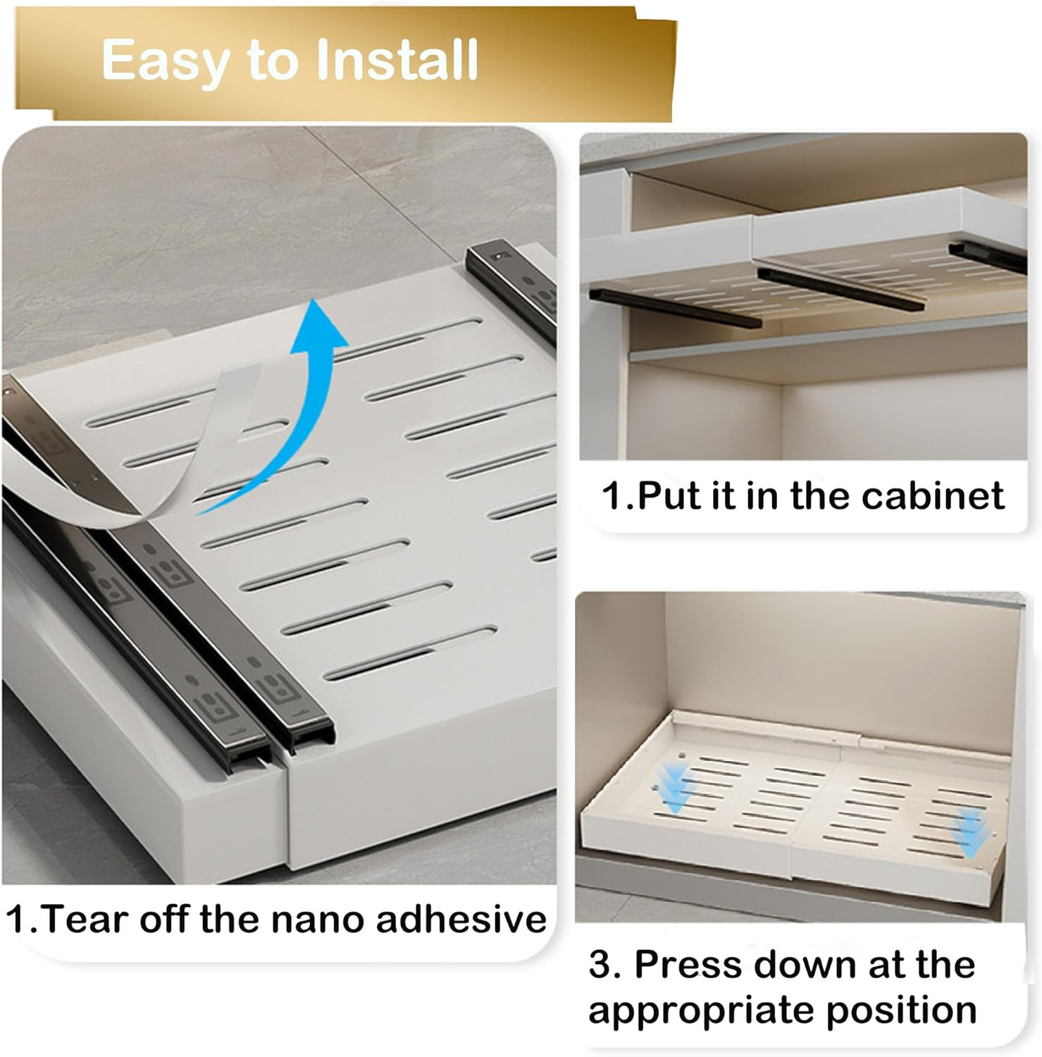 DCWINNES Pull Out Cabinet Organizer, Cabinet Organizer Drawer (Deep 16.53'',Expandable 17.1''-26.7''),Heavy Duty Slide Out Drawers Fixed with 3 Adhesive Nano Films for for Kitchen Pantry, (White 1Pcs) image number 2