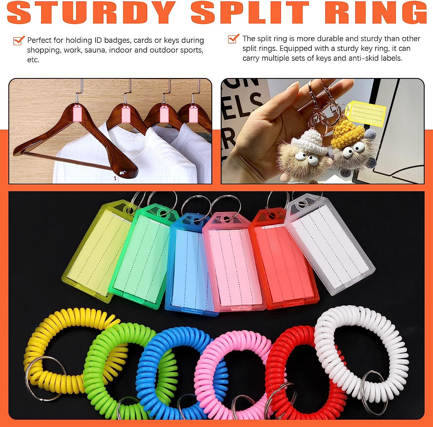 Tanstic 78Pcs 6 Colors Tough Plastic Key Tags and Stretchy Keychain Bracelet Kit, Plastic Key Label with Split Ring and Label Window Key Chain Tags Wrist Coil Keychain Wristband Key Ring image number 2