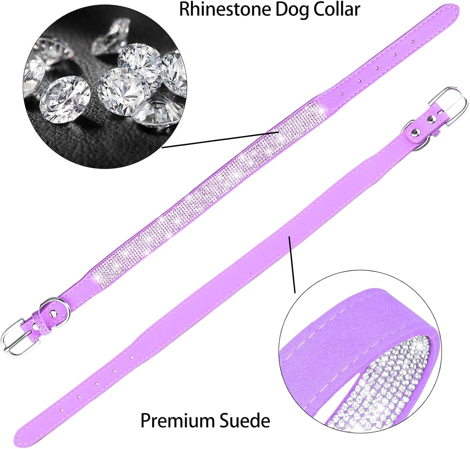 Rhinestone Dog Collar Pretty Rainbow Bling Fancy Dog Collars Soft Leather Pet Puppy Necklace (Lavender, M)