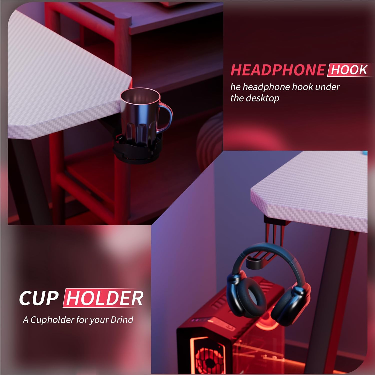 Furmax Gaming Desk Computer Desk Z-Shaped Gaming Table with Carbon Fibre Surface Home Office Desk PC Workstation Desk with Cup Holder, Headphone Hook Modern Style Desk (White, 44 Inch)