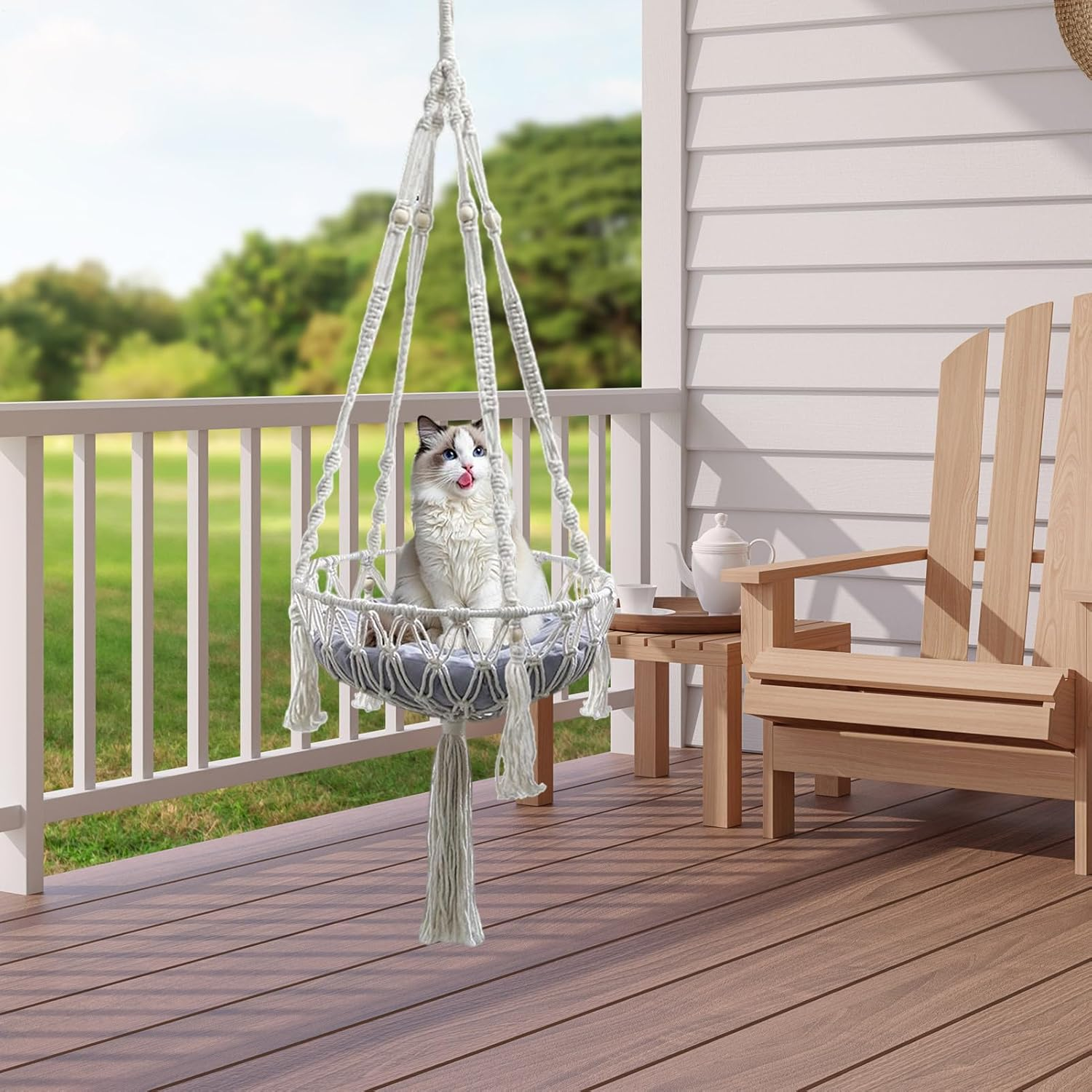 Macrame Cat Hammock - Macrame Cat Summer Bed - Cotton Rope Woven Net Decorative Basket for Cats and Puppies for Climbing Storage Bedside Desk Perch Windowside Outdoor image number 6