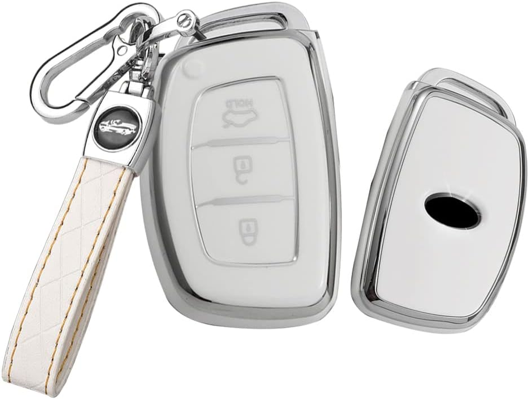 HIBEYO Key Fob Cover for Hyundai Tucson Sonata Fe Creta Mistra Elantra Ioniq Venue IX35 I10 I20 I30 I40 Solaris Kona Accent 2018-2022 Car Accessories TPU Silver-Edge with Leather Keychains-Whtie image number 4