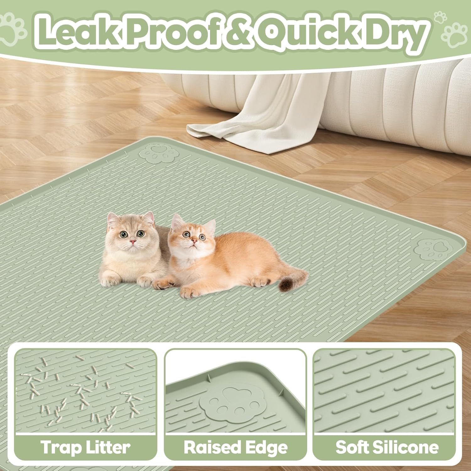 Cat Litter Mat, Extra Large 86.4 X 56CM Silicone Mat Litter Trapping Mat for Scatter Control, Soft on Kitty Paws, Easy to Clean (Light Green) image number 4